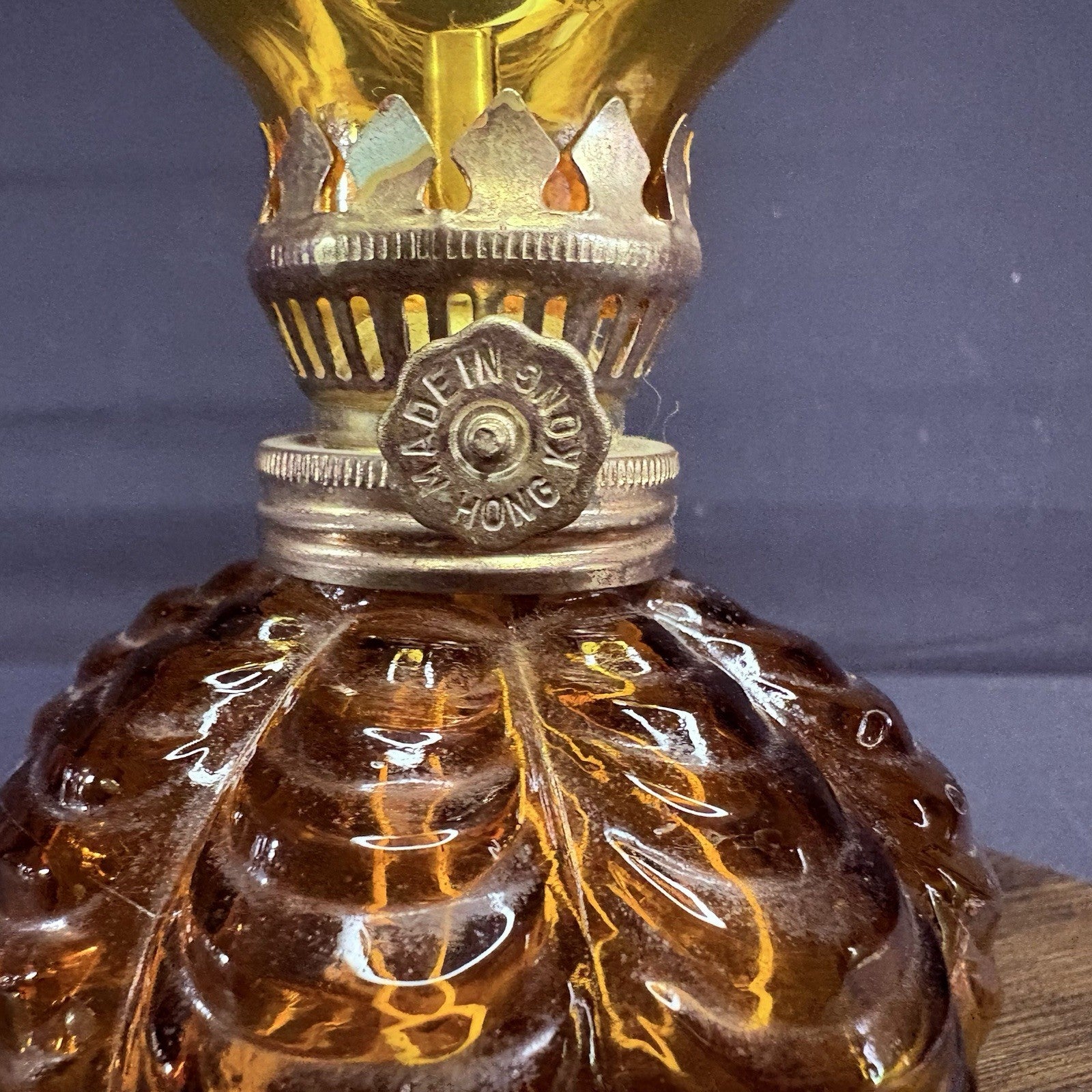 VTG Miniature Hurricane Oil Lamp Amber Base, Hong Kong 8" Clear Shade1