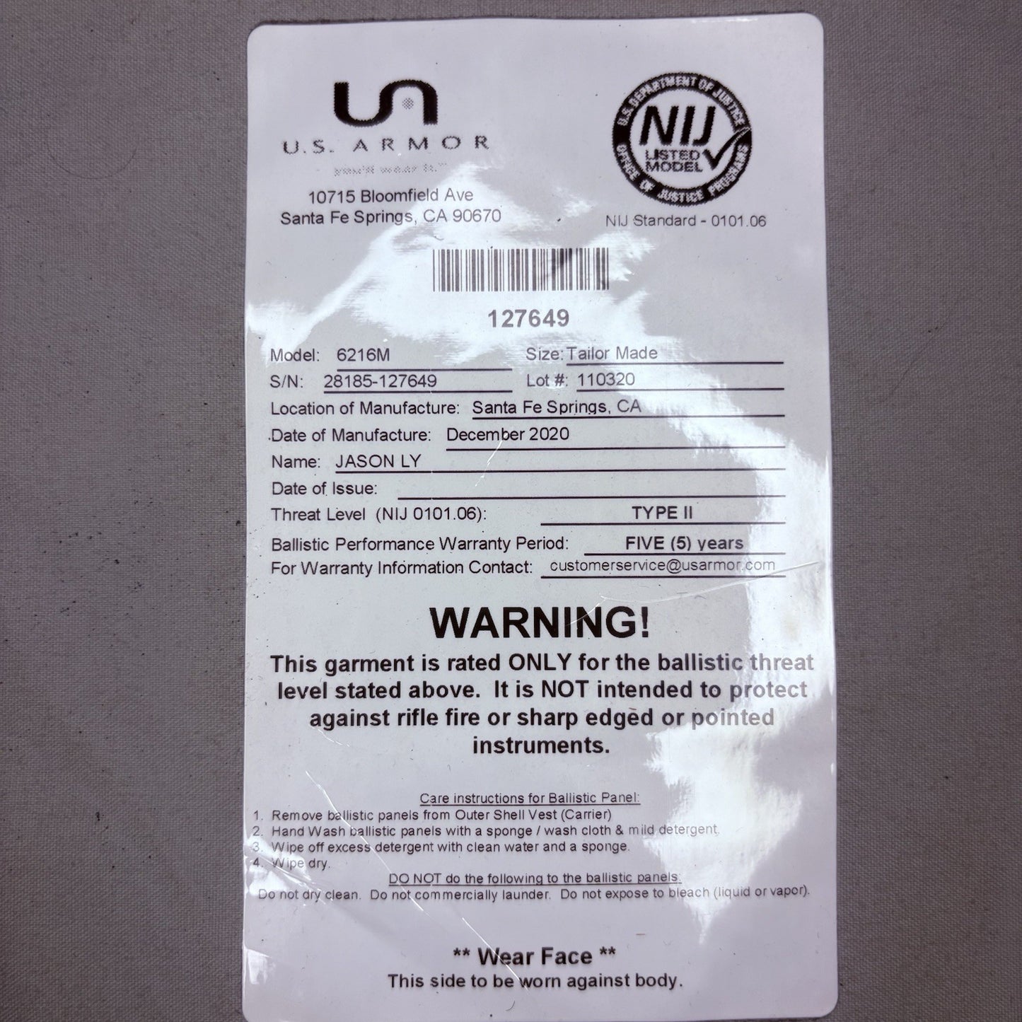 US Armor Level II (2)  Bullet Proof Concealable Vest -Size SMALL- 202016