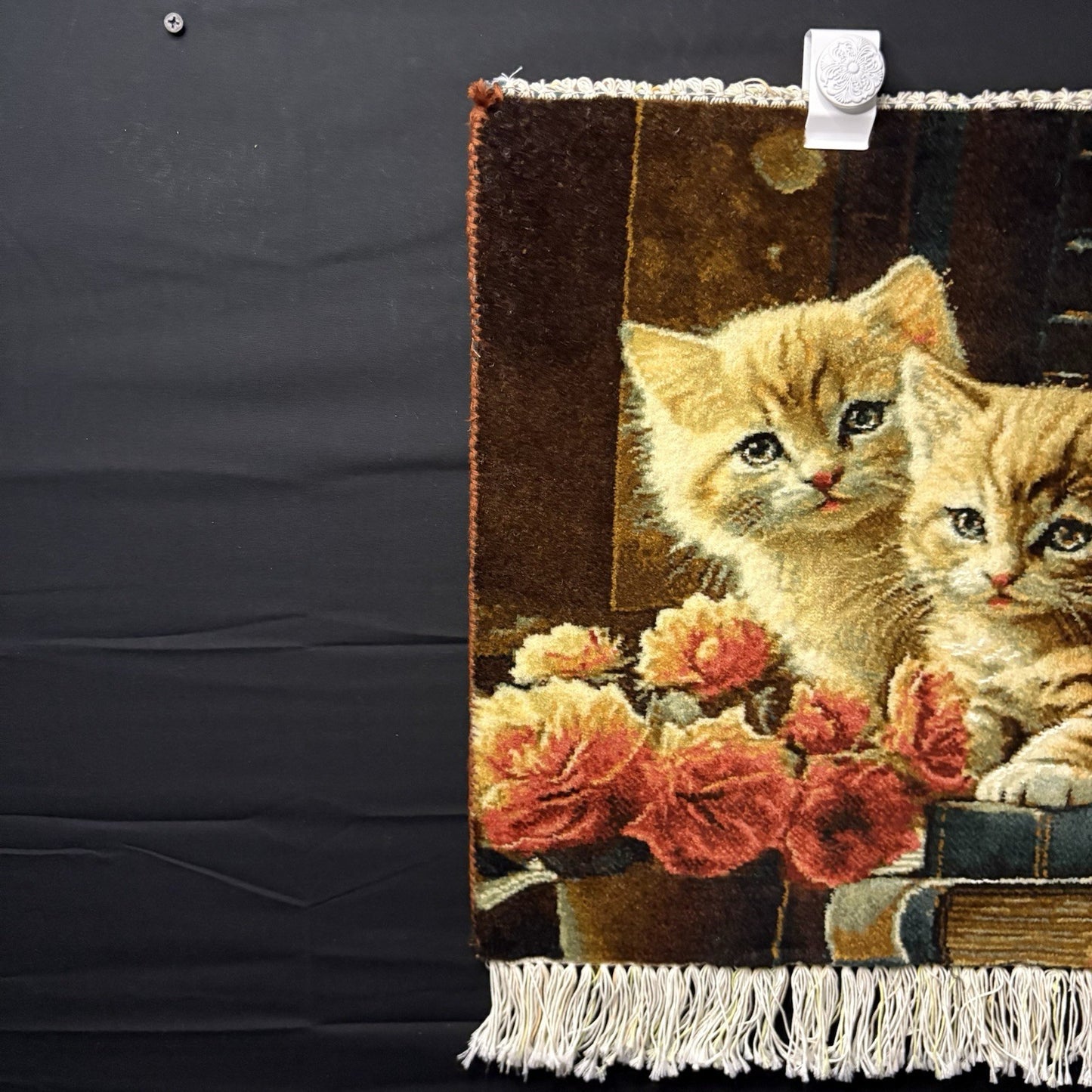 Pictorial Rug Kittens Hand Knotted w/Silk Inlays 24”x16” w/Rug Hangers6