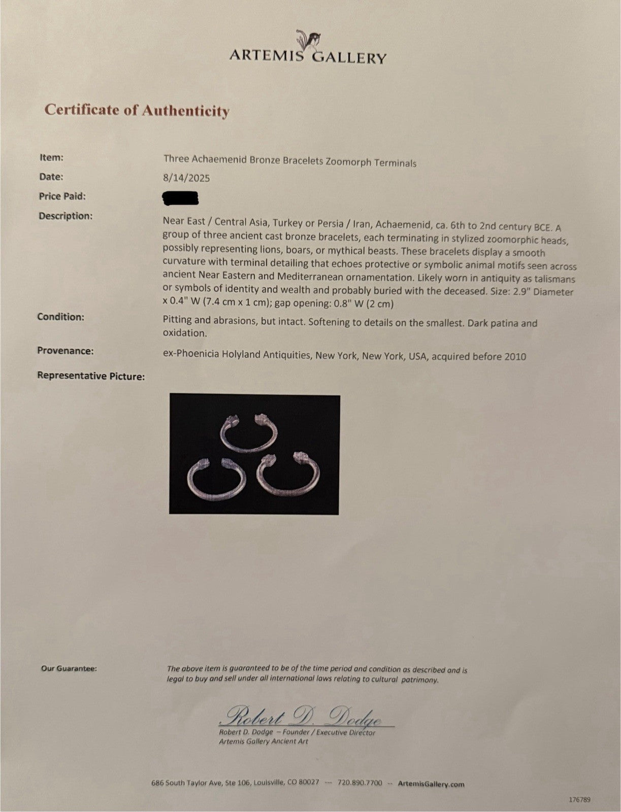 Achaemenid Empire Bronze Bracelet 500BC Bangle w/Proof Of Authenticity 2500 y/o1