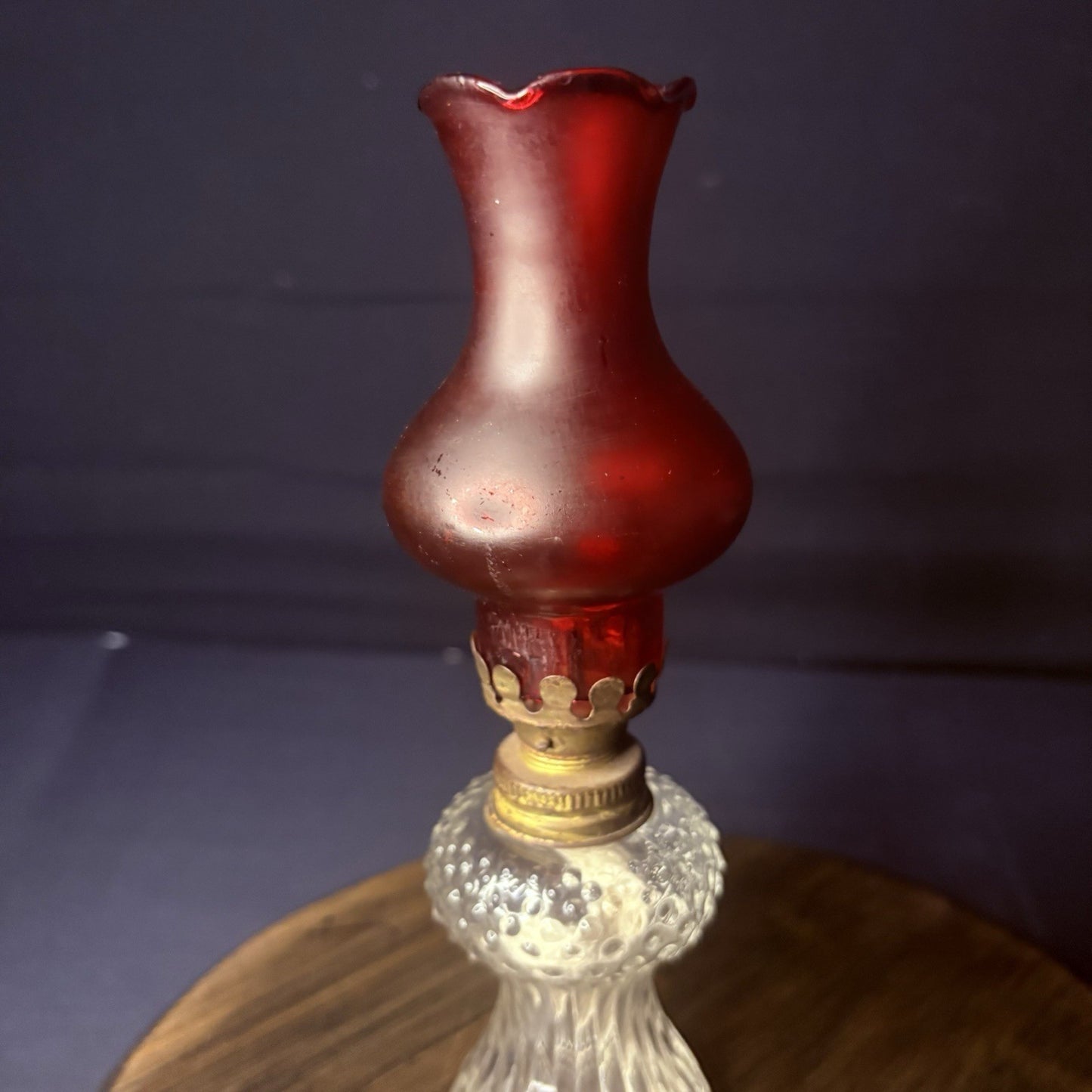 VTG Miniature Hurricane Oil Lamp Clear Hobnail Bubble Base, Ruby Red Bell Globe2