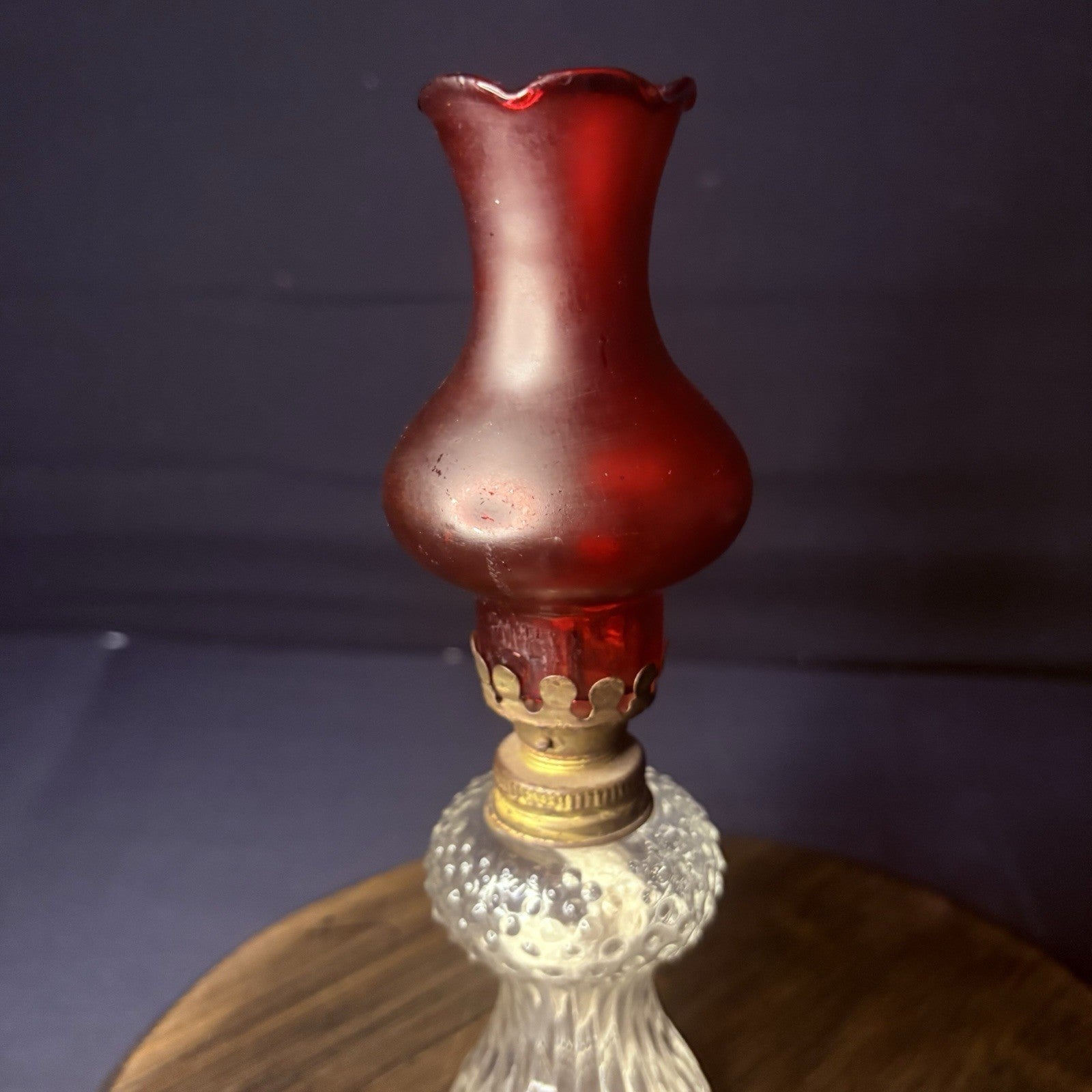 VTG Miniature Hurricane Oil Lamp Clear Hobnail Bubble Base, Ruby Red Bell Globe2