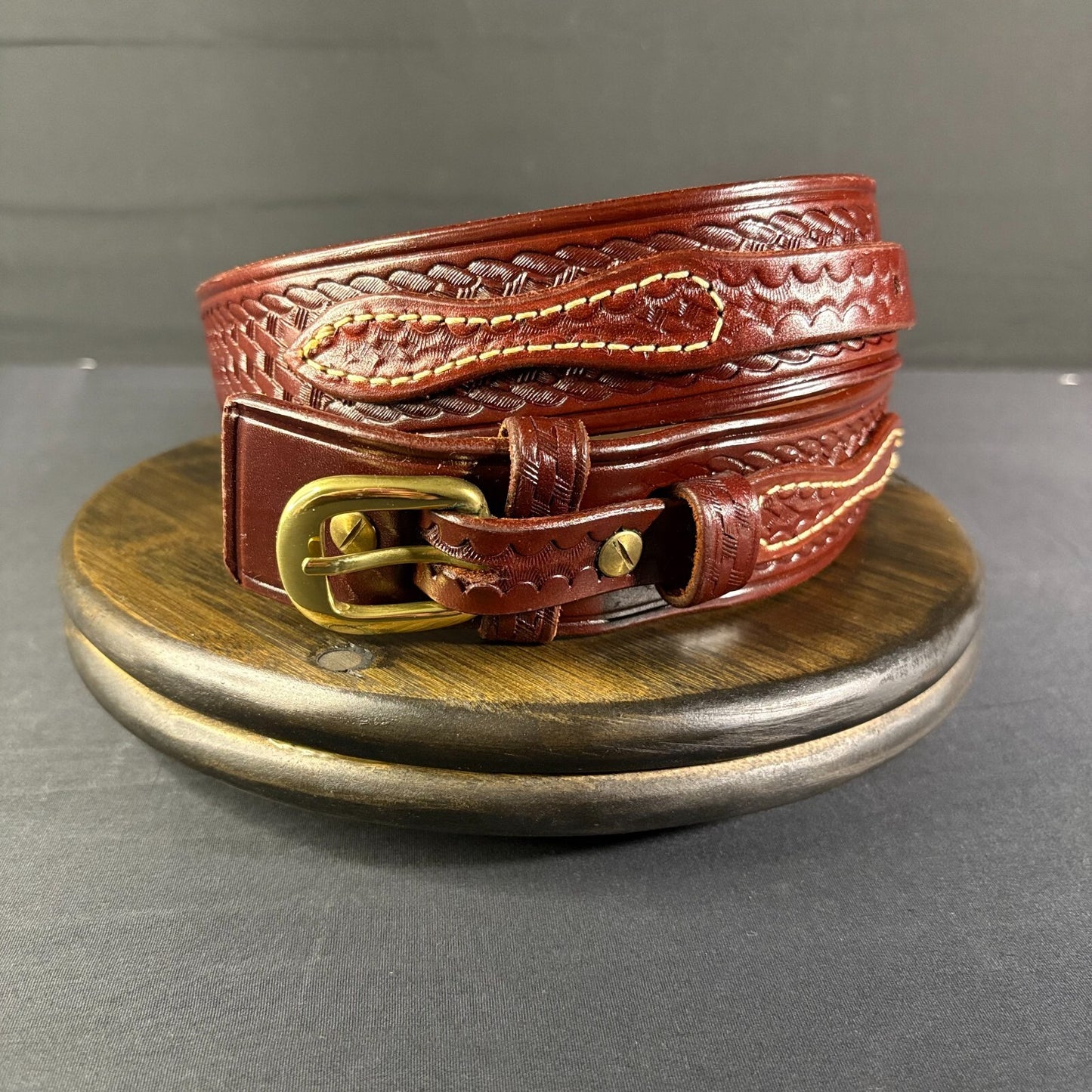 Triple K Leather Ranger Belt Size 53A-30 Gold Buckle0