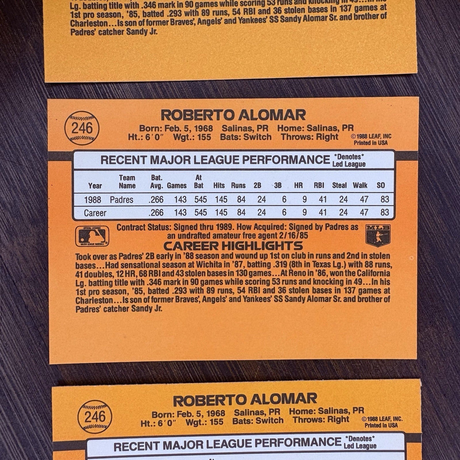 1989 Donruss Baseball Roberto Alomar #246 (Lot Of 3) High Grade Trading Card10