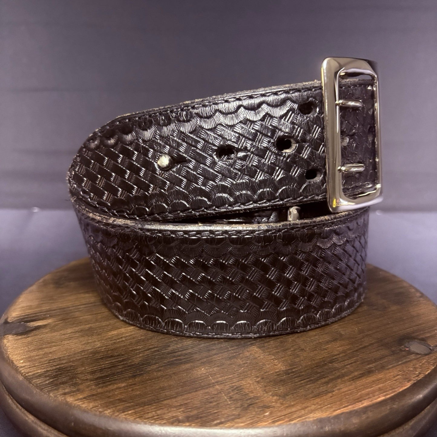 JS Leather Duty Belt Size 36" Black Basket Weave Chrome Brass Buckle Sam Browne7