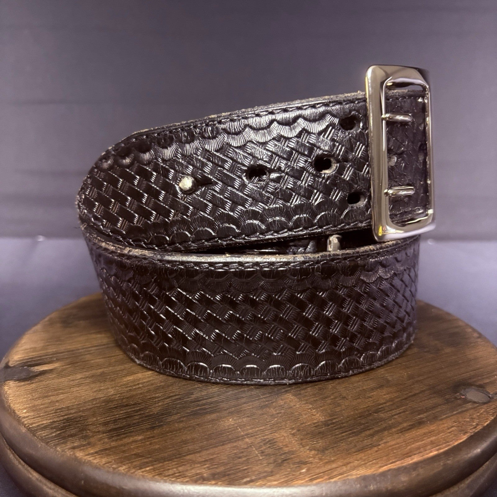 JS Leather Duty Belt Size 36" Black Basket Weave Chrome Brass Buckle Sam Browne7