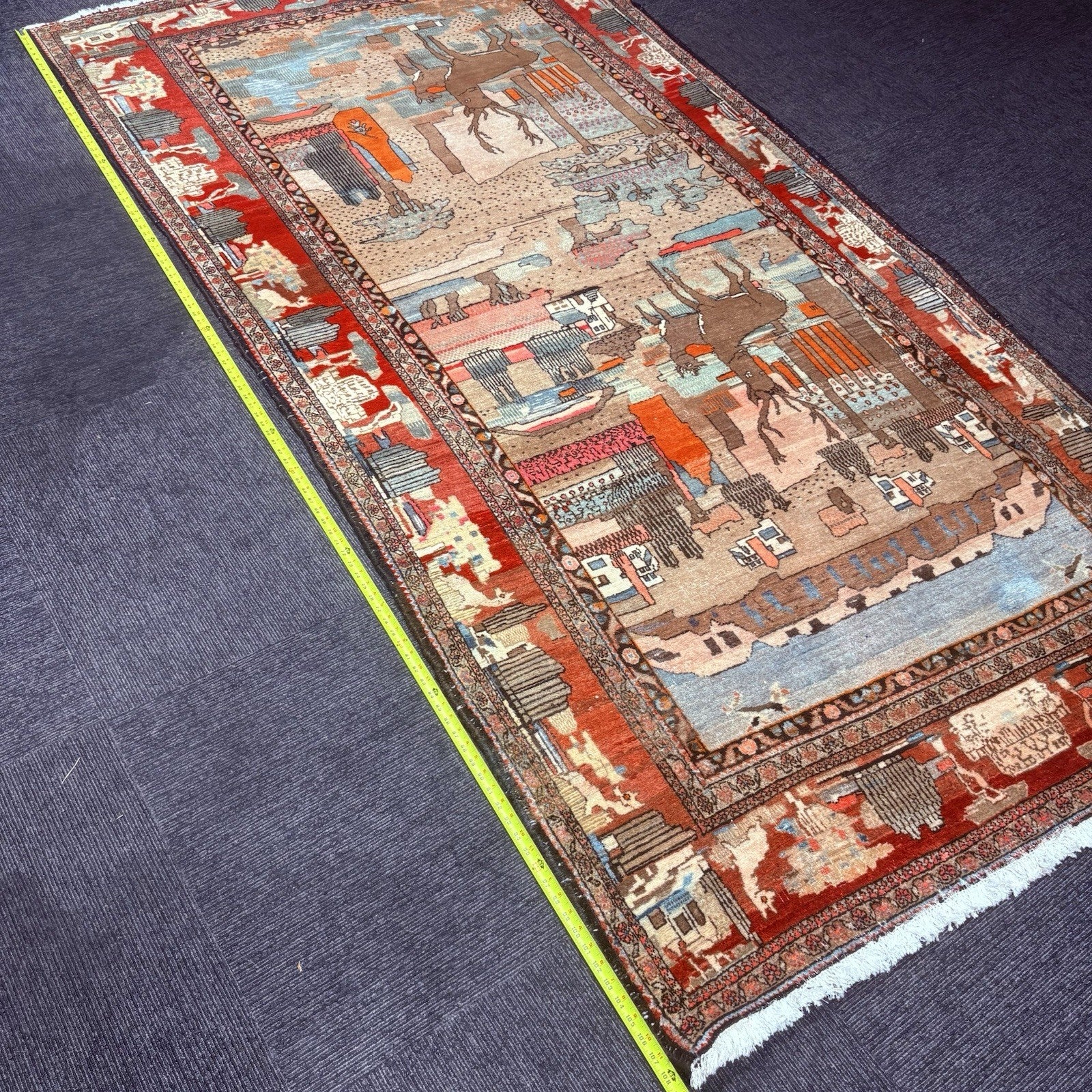 Antique Hand Knotted Pictorial Rug 9'x5' 1940s Kashann Rug11