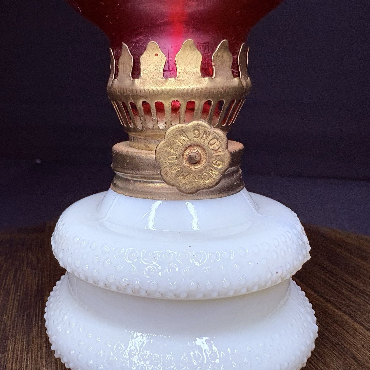 VTG Miniature Hurricane Oil Lamp Hobnail Milk Glass Base Ruby Globe, Hong Kong4