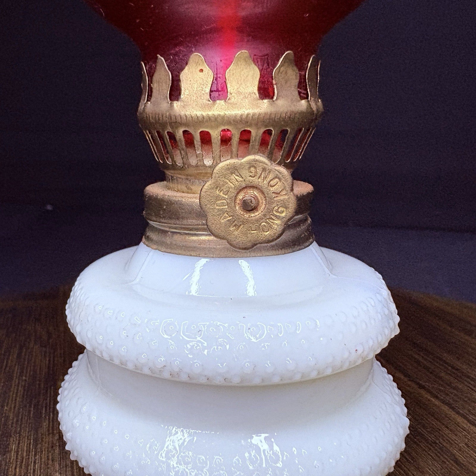 VTG Miniature Hurricane Oil Lamp Hobnail Milk Glass Base Ruby Globe, Hong Kong4
