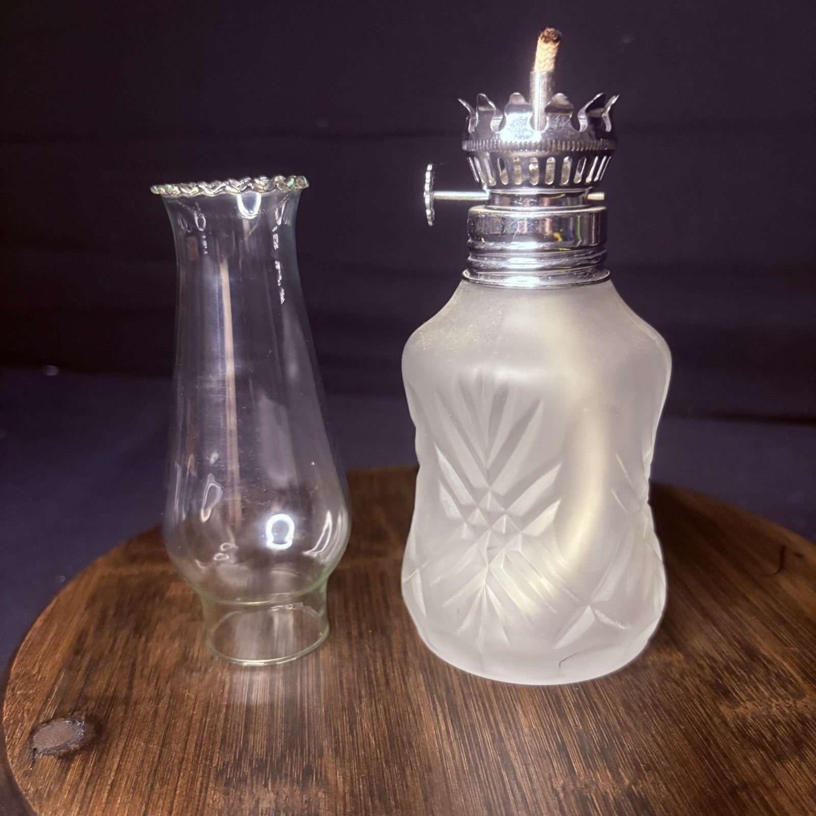 VTG Miniature Hurricane Oil Lamp LampLight Farms Frosted Glass Austria Made 9.5”4