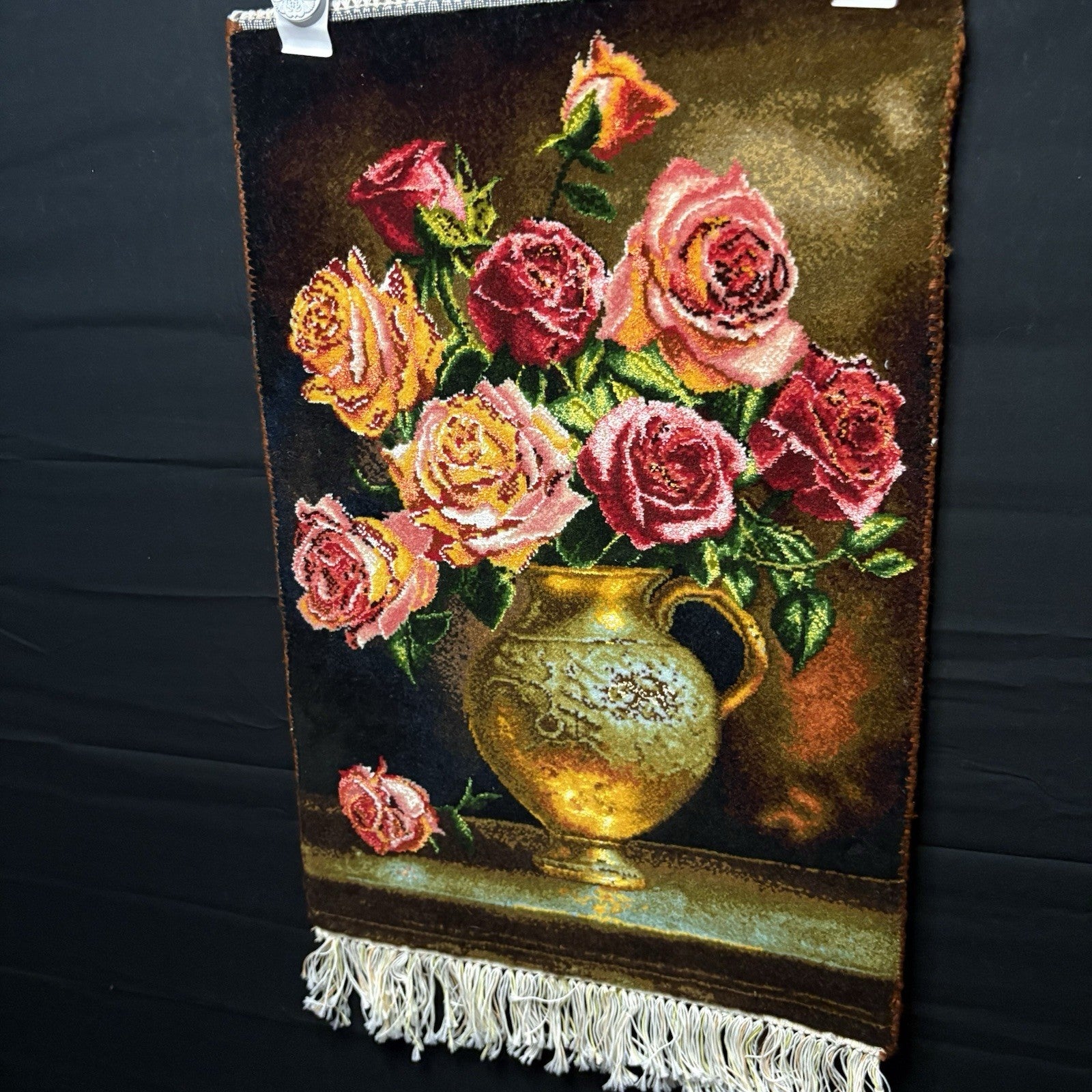 Persian Pictorial Rug Hand Knotted Flower 23”x15” 58X38cm w/Rug Hangers6