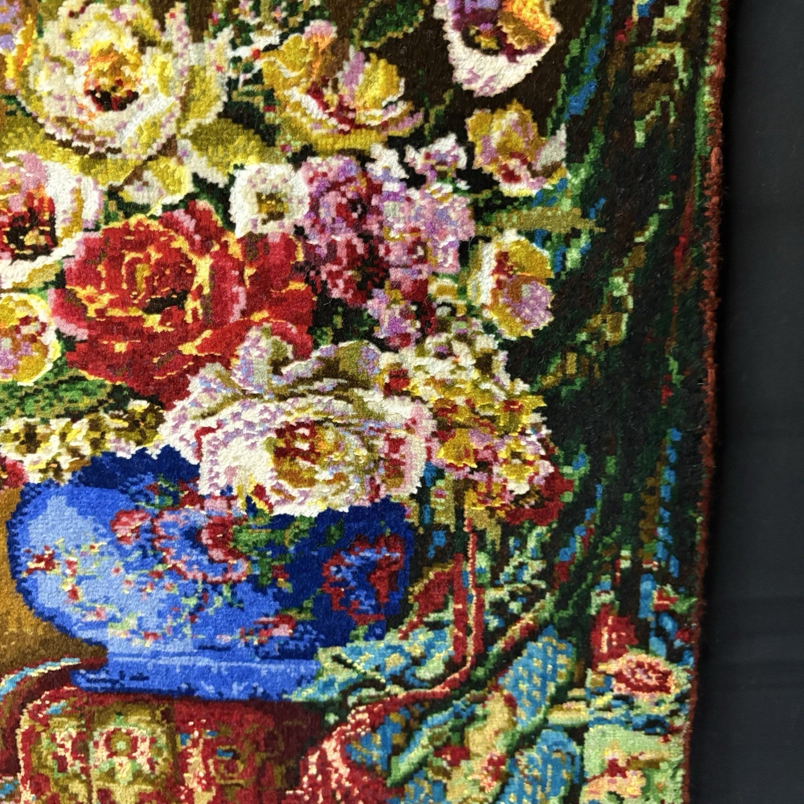 Persian Pictorial Rug Flower Hand Knotted 13”x19”, 33X48cm w/Rug Hangers6