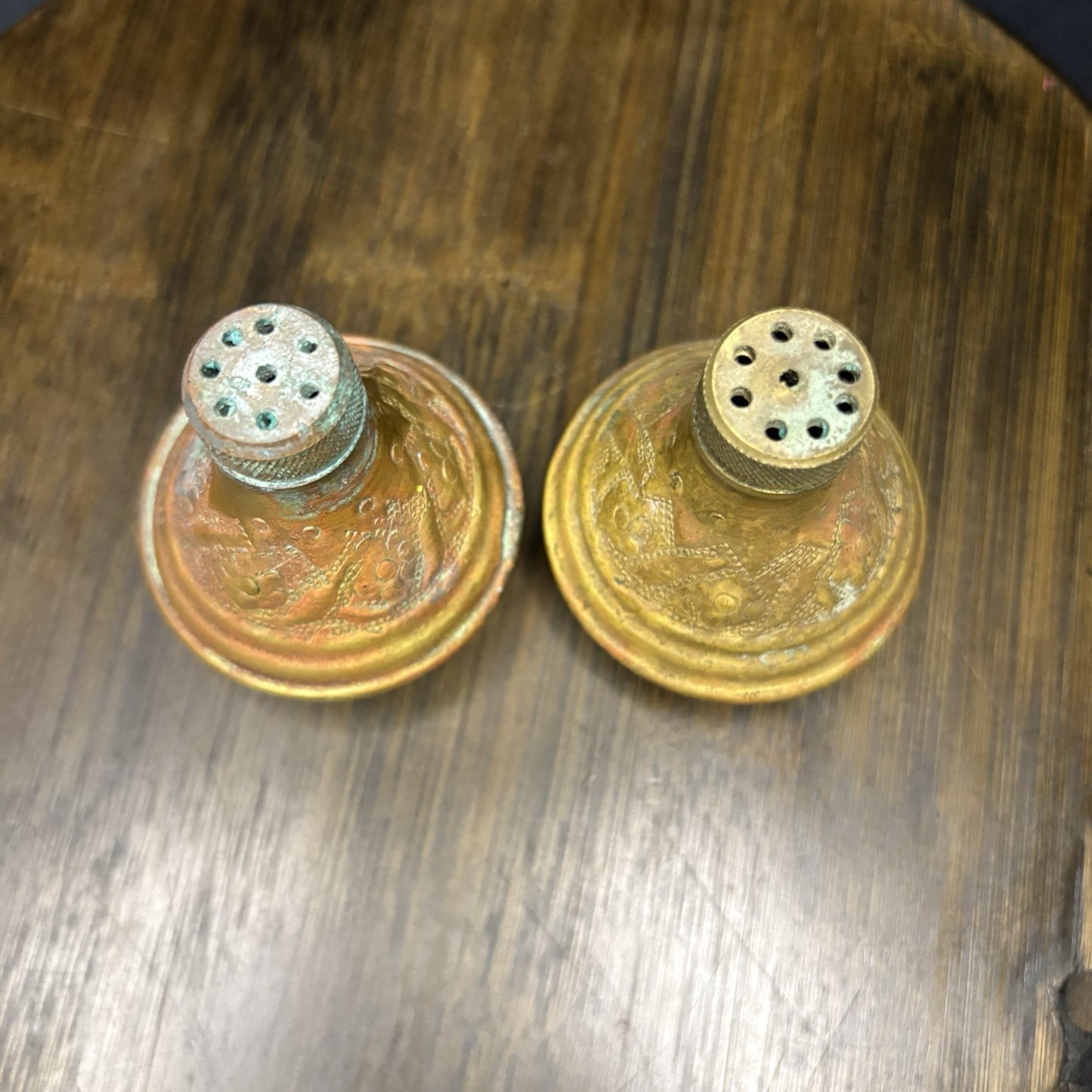 Antique Copper Salt & Pepper Shaker Hand Etched Copper Early 1900s5