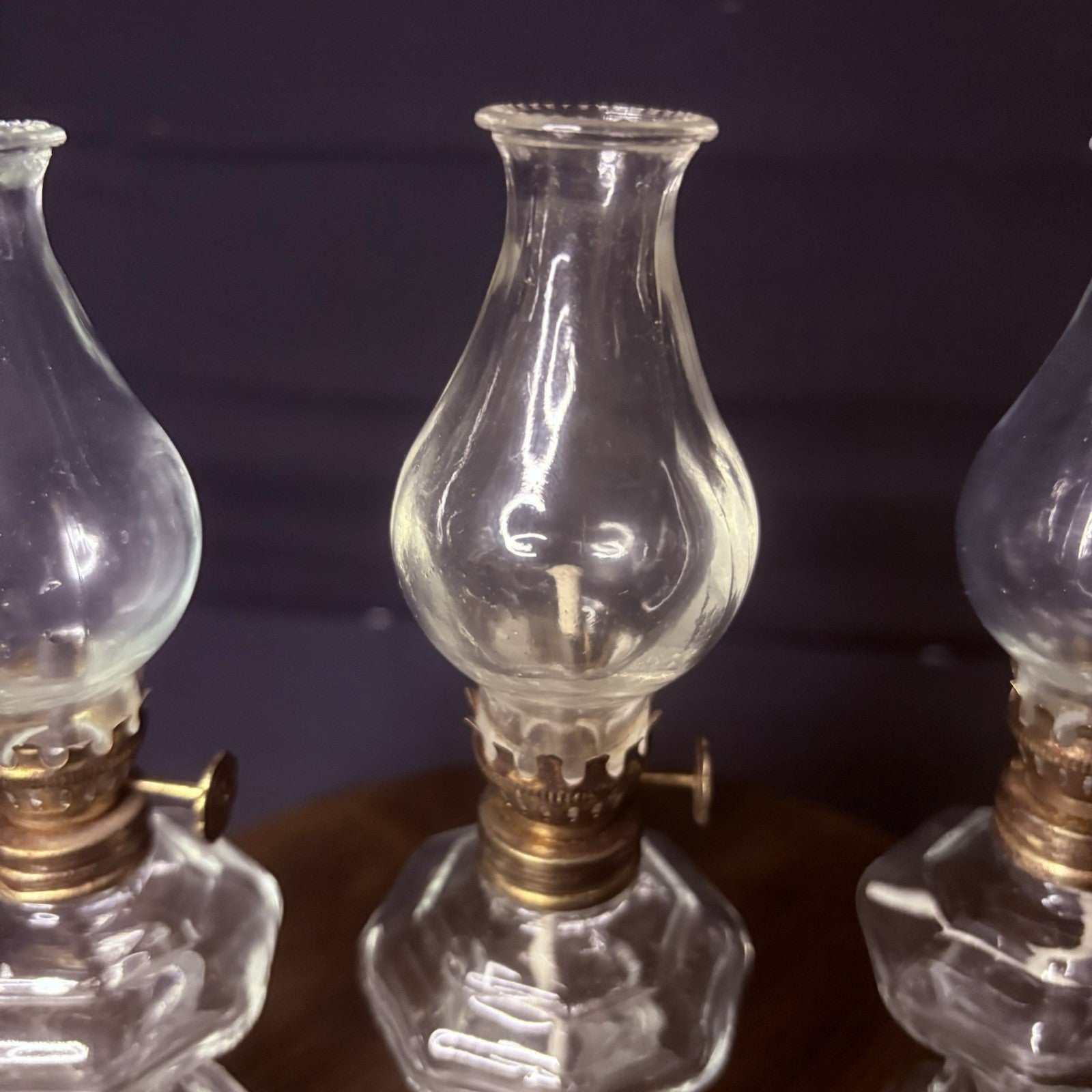 VTG 3 Miniature Hurricane Oil Lamp Set Of 3, Thick Glass Octagon Base - 6.5"3