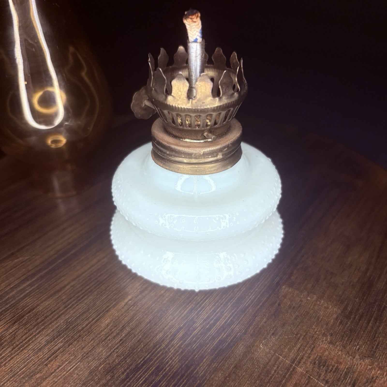 VTG Miniature Hurricane Oil Lamp Hobnail Milk Glass Base Amber Globe, Hong Kong16