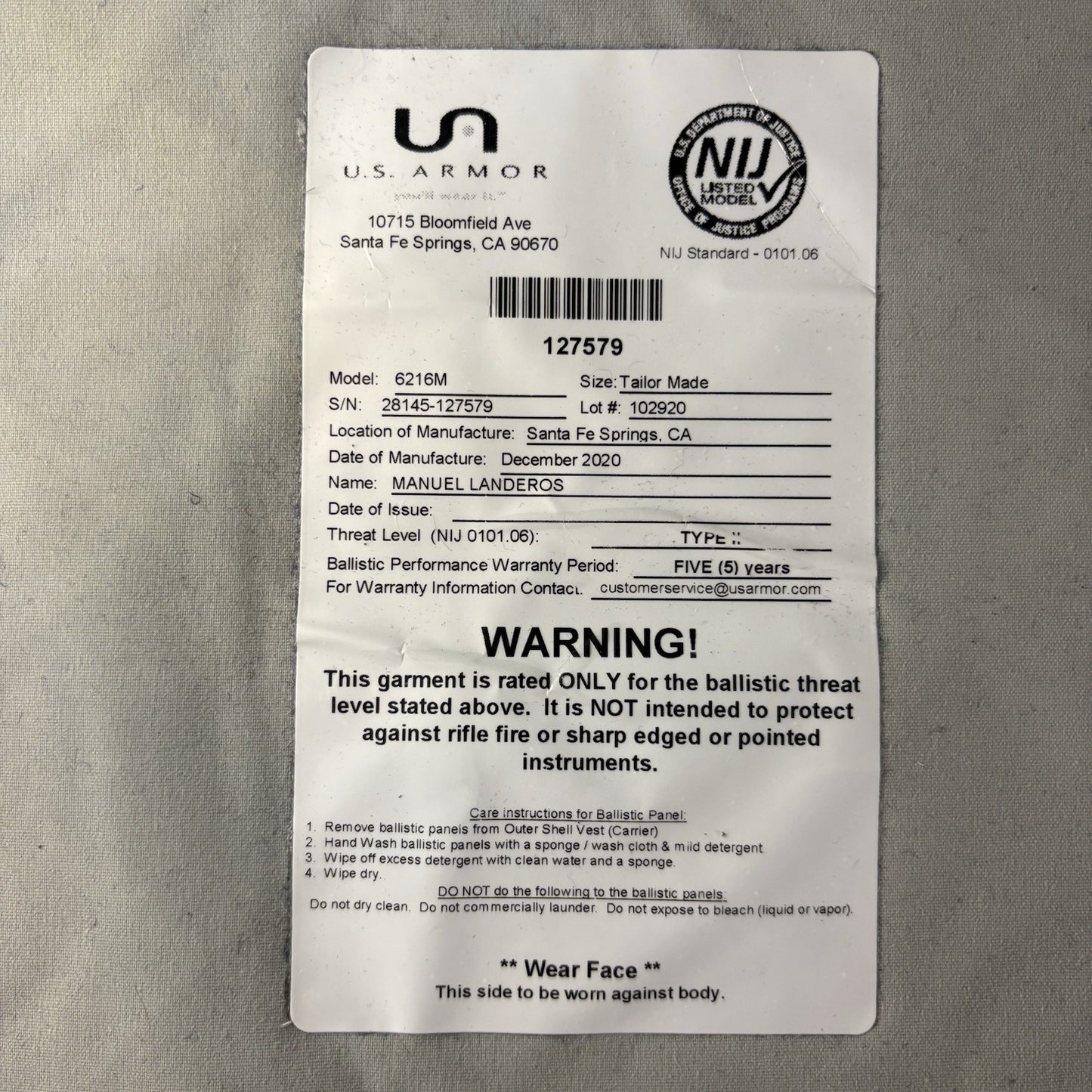 Level 2 (II) Bullet Proof Vest Size Small Concealable Vest 2020 US Armor Vest2