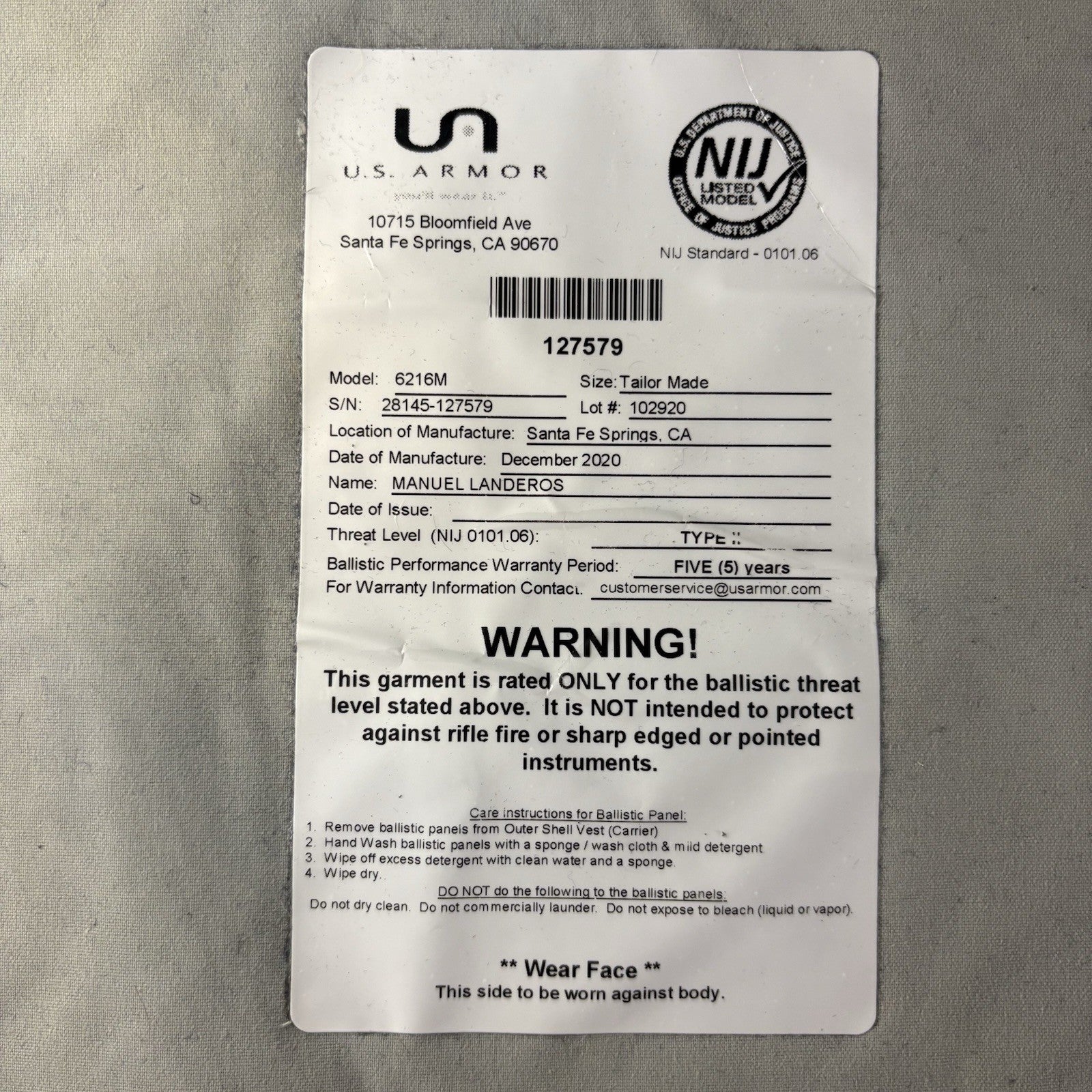 Level 2 (II) Bullet Proof Vest Size Small Concealable Vest 2020 US Armor Vest2