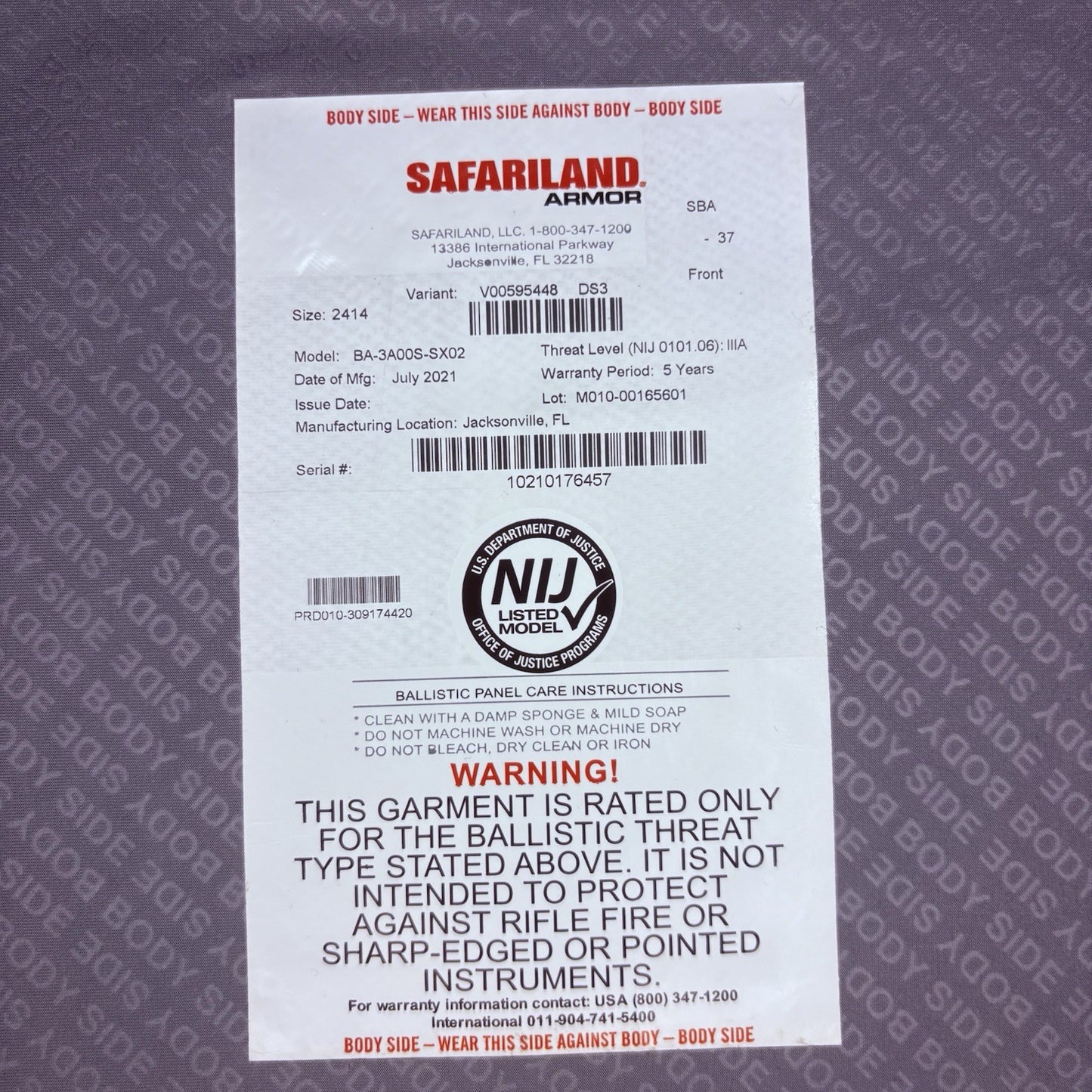 Safariland SX Bullet Proof 3A Vest Size XL Thinnest IIIA Ballistic Armor 20219