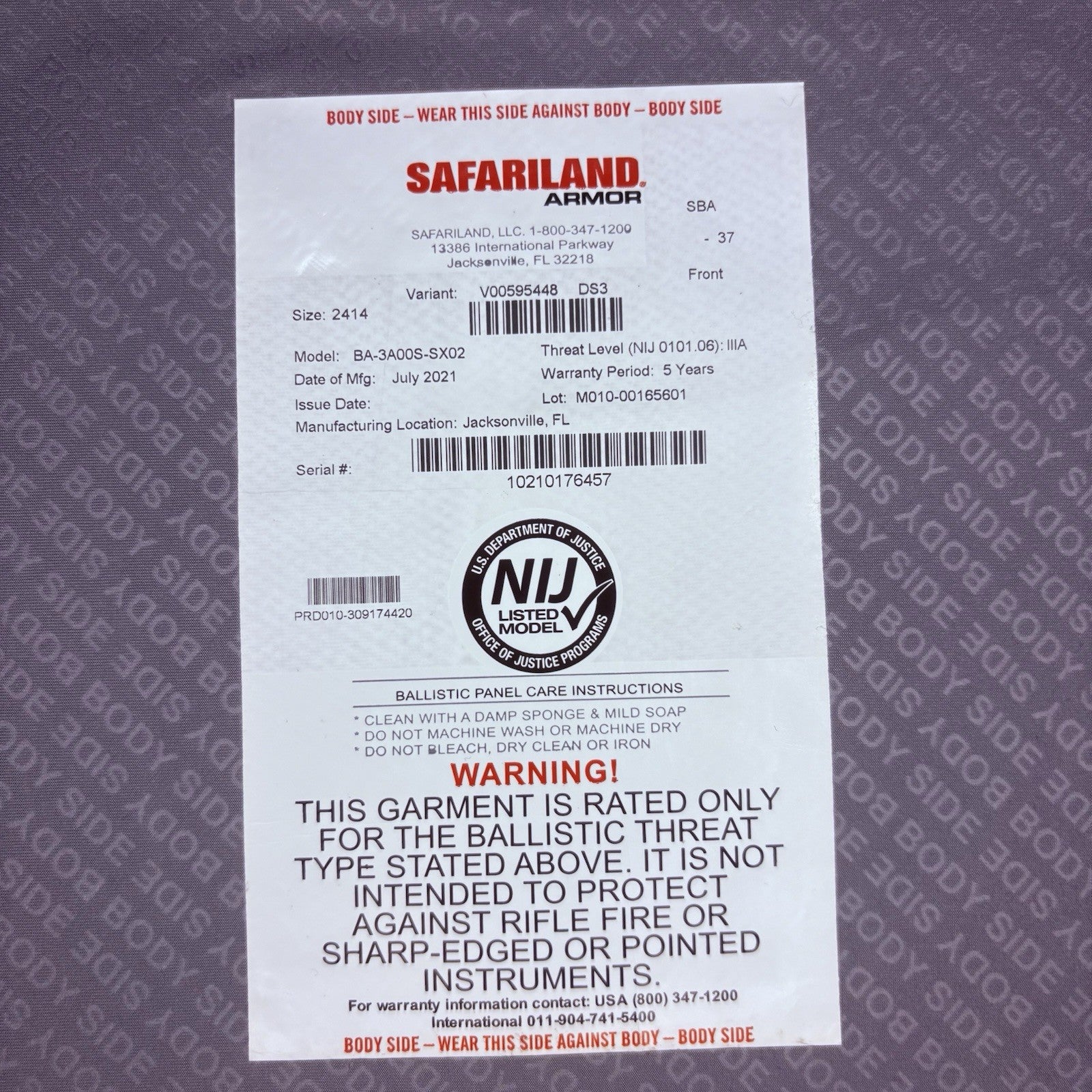 Safariland SX Bullet Proof 3A Vest Size XL Thinnest IIIA Ballistic Armor 20219