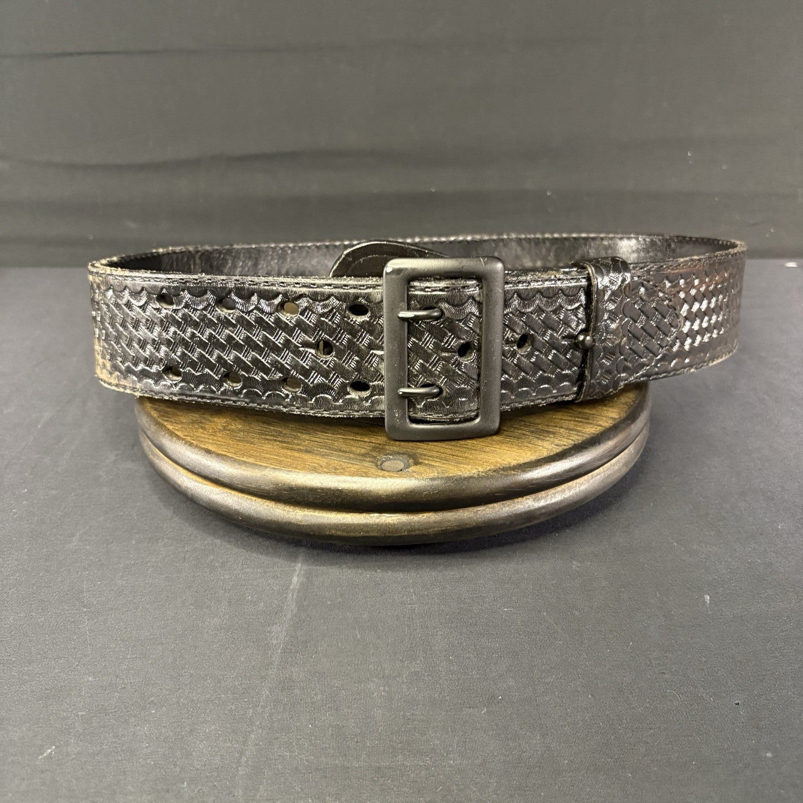 Black Basket Weave Leather Duty Belt 34” Waist ~JS Leather~ Black Metal Buckle1