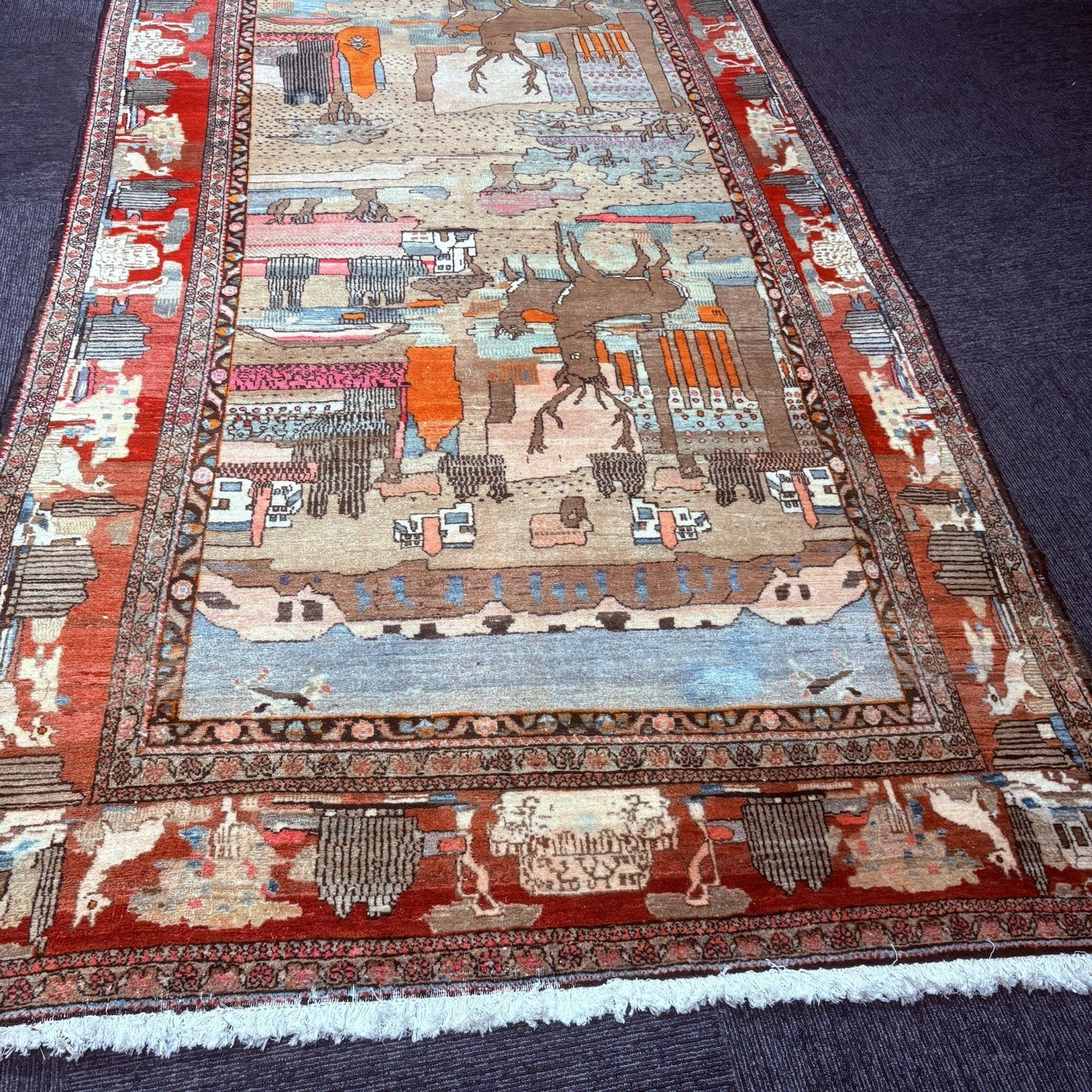 Antique Hand Knotted Pictorial Rug 9'x5' 1940s Kashann Rug3