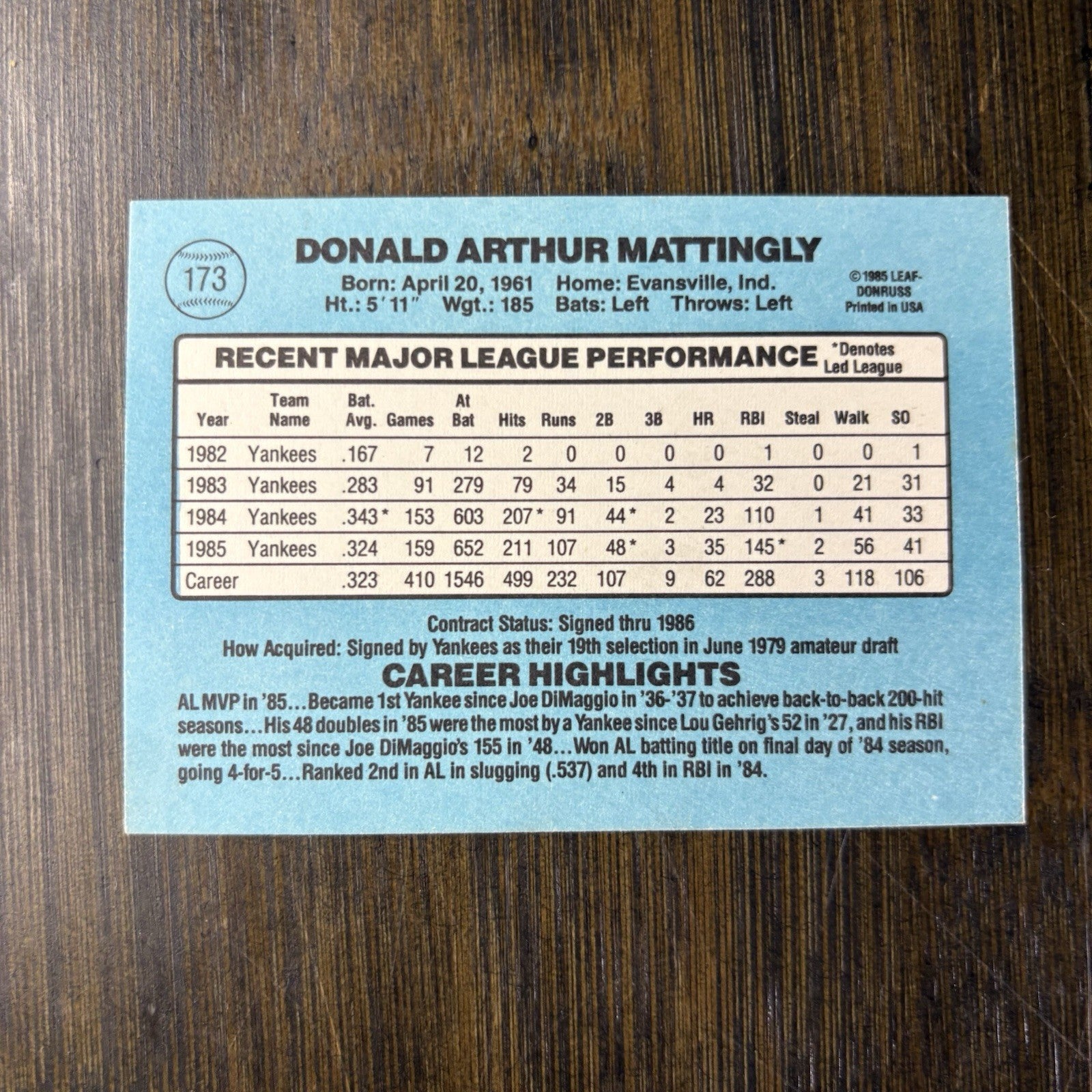 Don Mattingly 1986 Donruss Card #173 Mint/NRMint  New York Yankees5