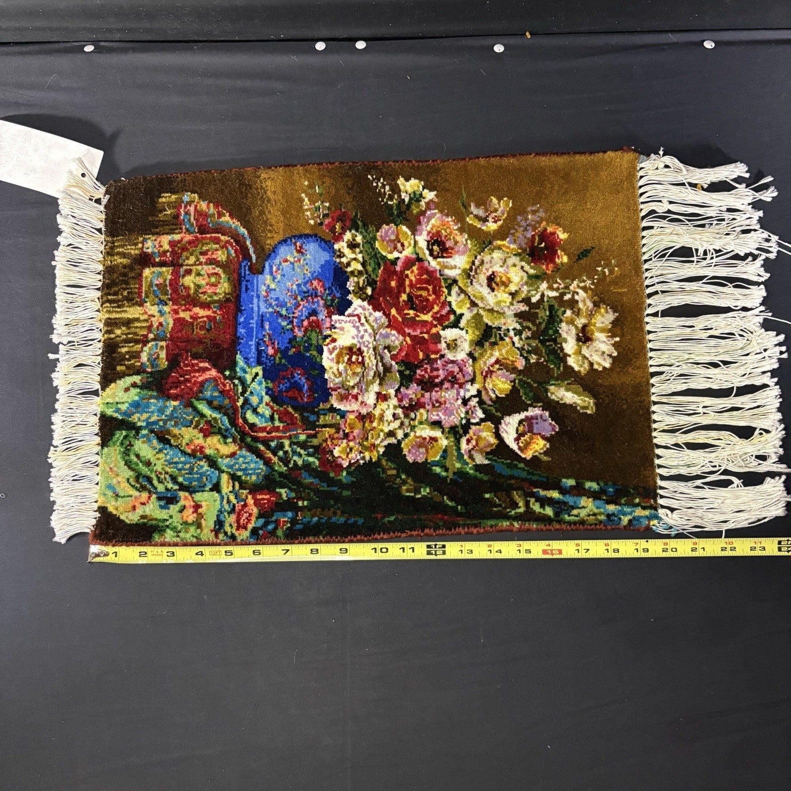 Persian Pictorial Rug Flower Hand Knotted 13”x19”, 33X48cm w/Rug Hangers13
