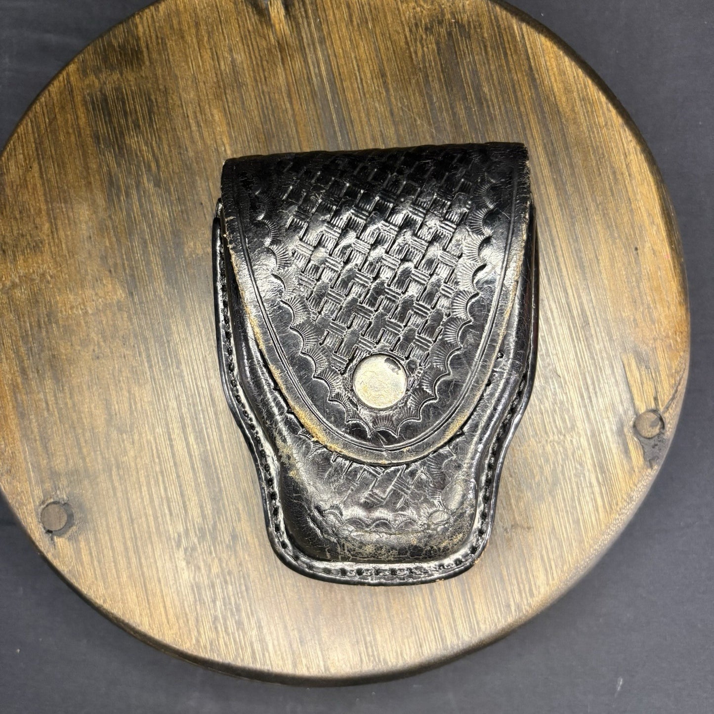 Aker Handcuff Case 508 Basket Weave Leather For Hinged And Chain Chrome Snap USA0