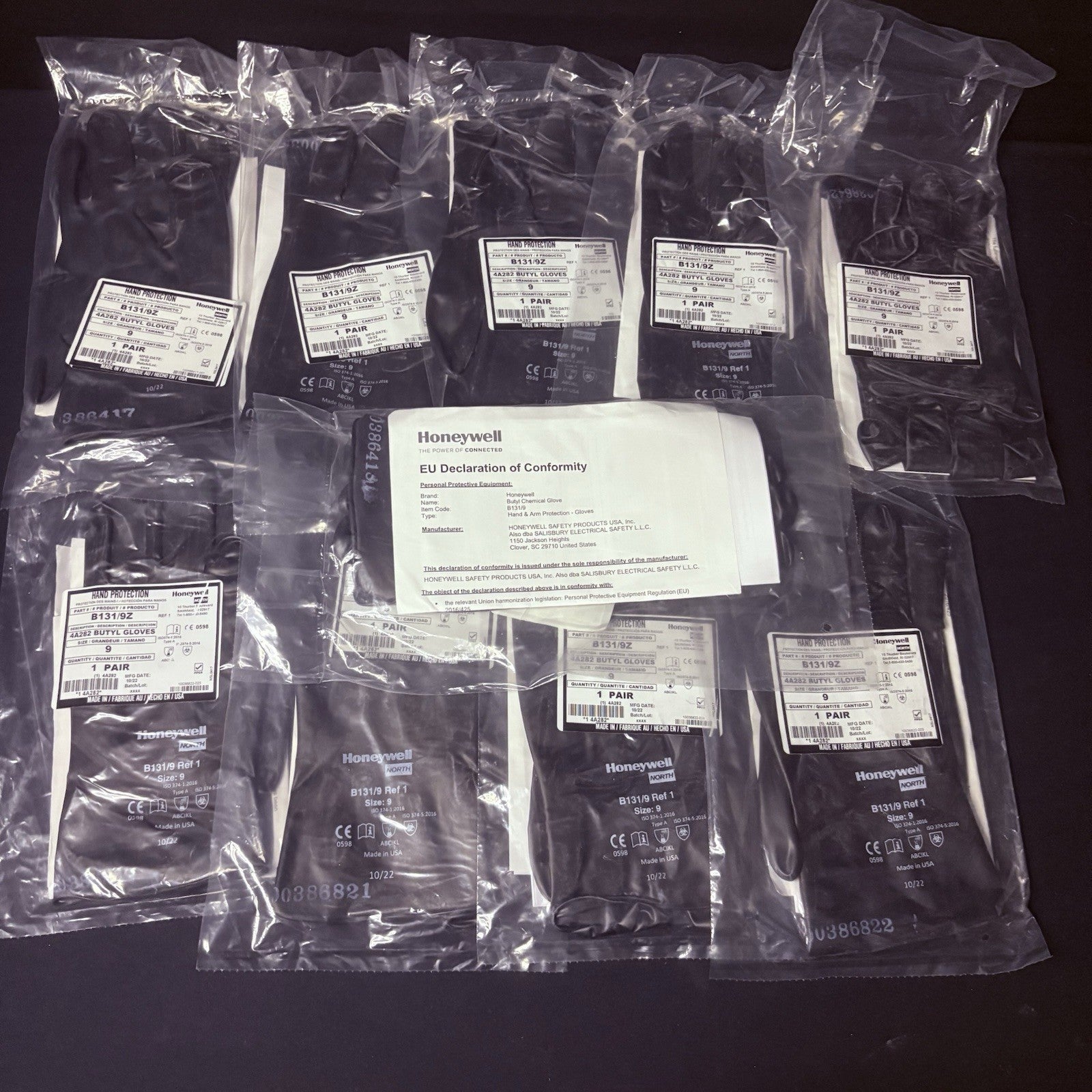(10 Pack) Honeywell Butyl Gloves North B131/9 Chemical Resistant 13 Mil Sz 92