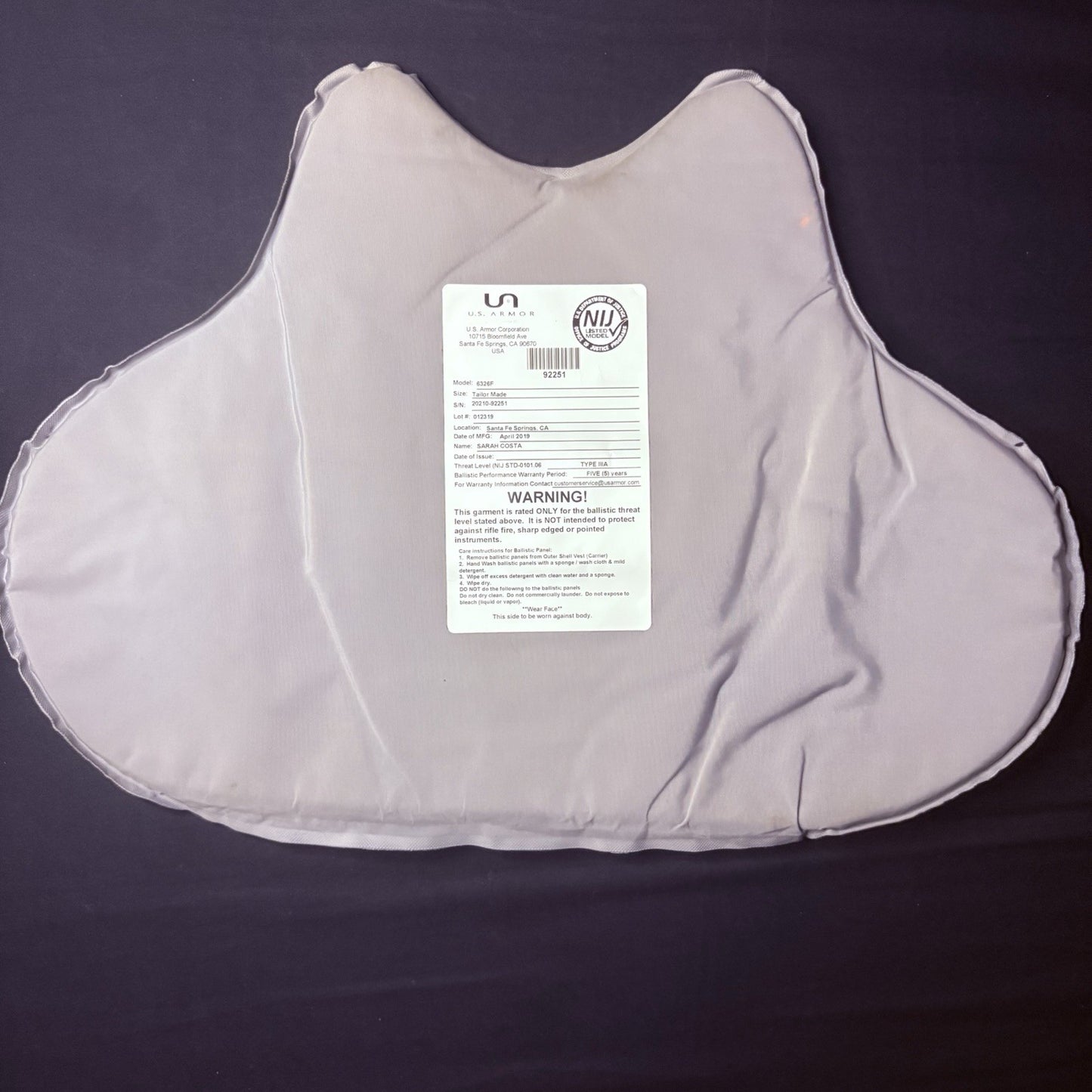 US Armor IIIA (3A) Bullet Proof Concealable Vest -Size Female Small- 201912