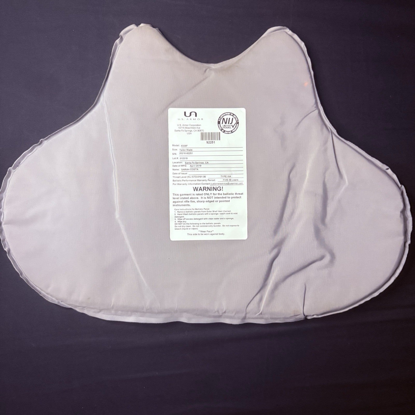 US Armor IIIA (3A) Bullet Proof Concealable Vest -Size Female Small- 201912