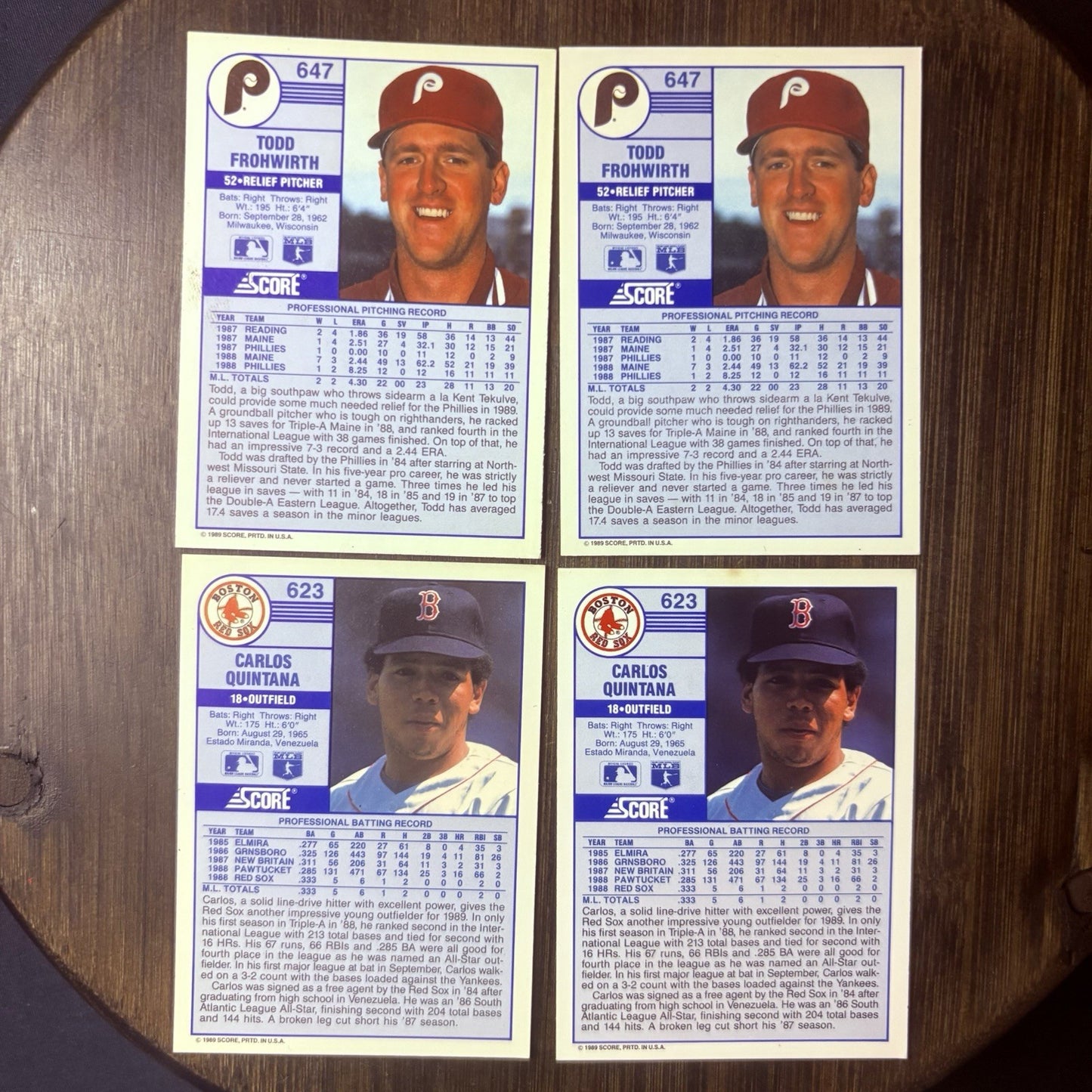(2) 1989 Score Todd Frohwirth ROOKIE CARD #647 & (2) 1989 Carlos Quintana #6231