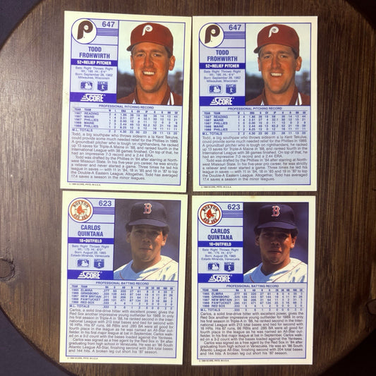 (2) 1989 Score Todd Frohwirth ROOKIE CARD #647 & (2) 1989 Carlos Quintana #6231