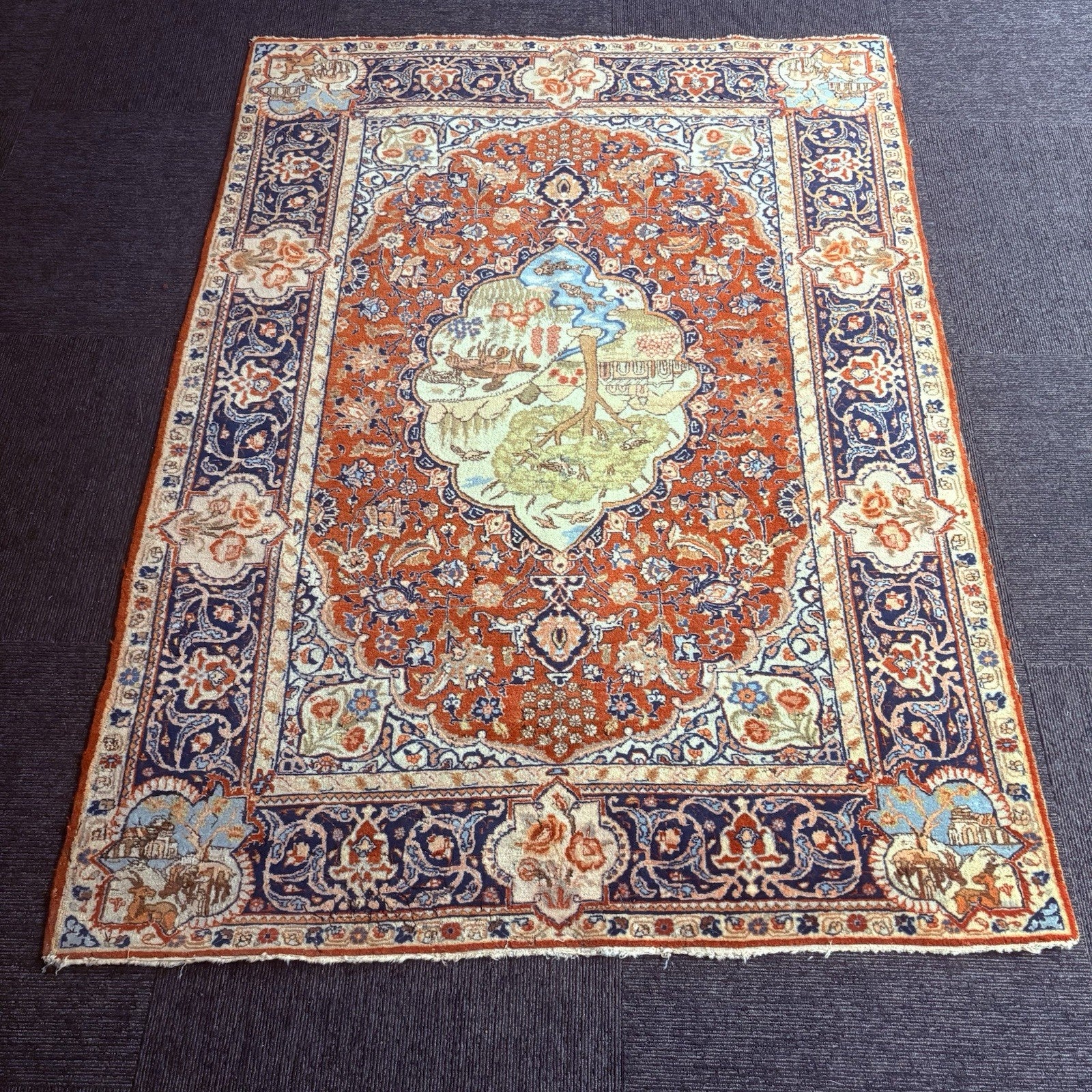 Antique Persian Hand Knotted Pictorial Rug 4'x6' 289 KPSI 1940s Tabrizz Rug1