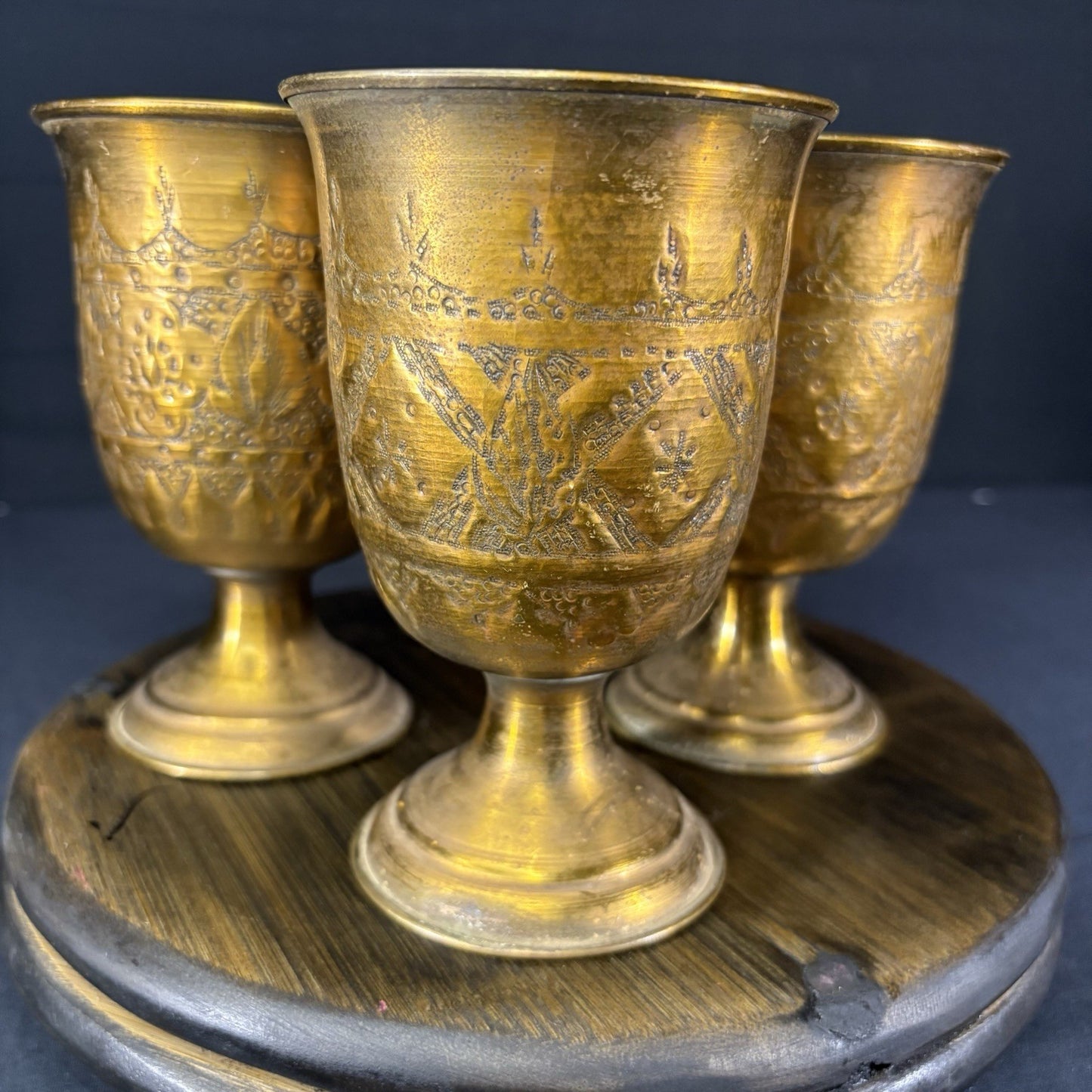 Goblet Set Qajar Dynasty Antique Copper Hand Etched Cups Early 1900s10