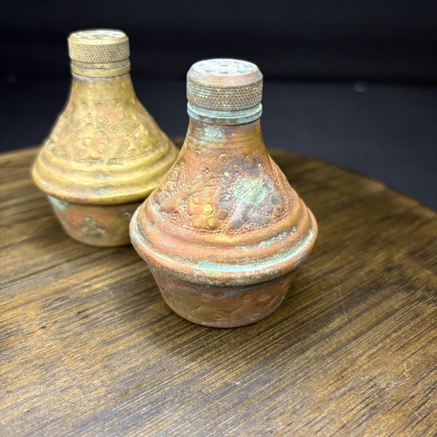 Antique Copper Salt & Pepper Shaker Hand Etched Copper Early 1900s9