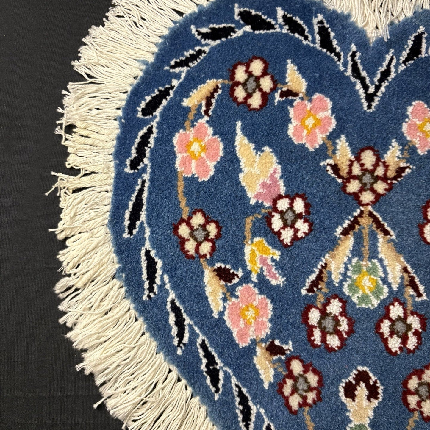 Hand Knotted Rug Heart Shape Purple w/Flowers 14”x13” VERY RARE10