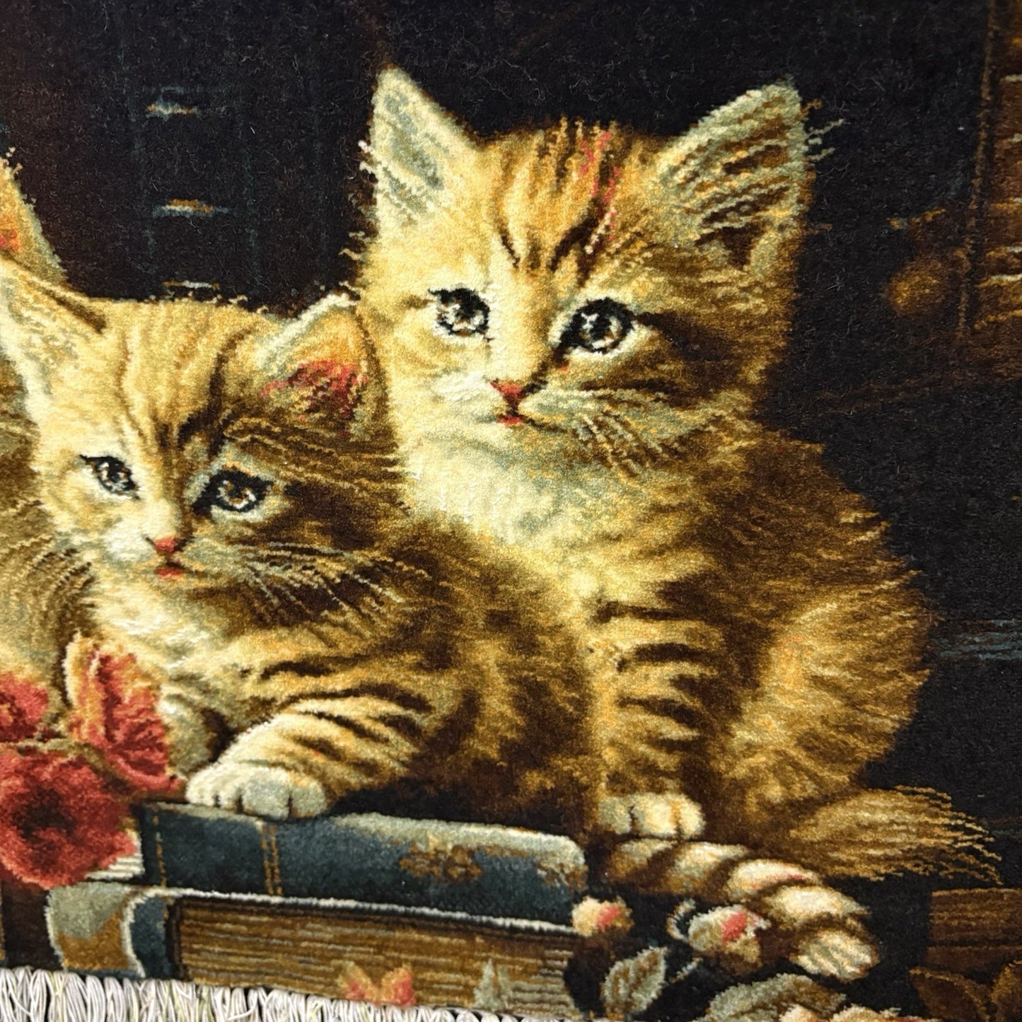 Persian Pictorial Rug Kittens Hand Knotted w/Silk Inlays 24”x16” w/Rug Hangers14