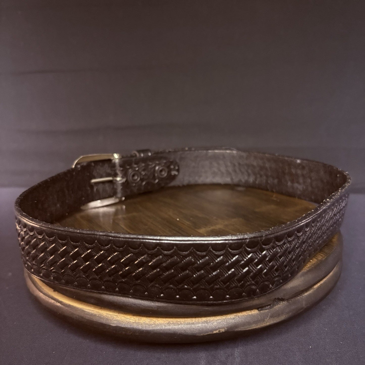 JS Leather Off Duty Belt Size 30" Black Basket Weave Chrome Buckle6
