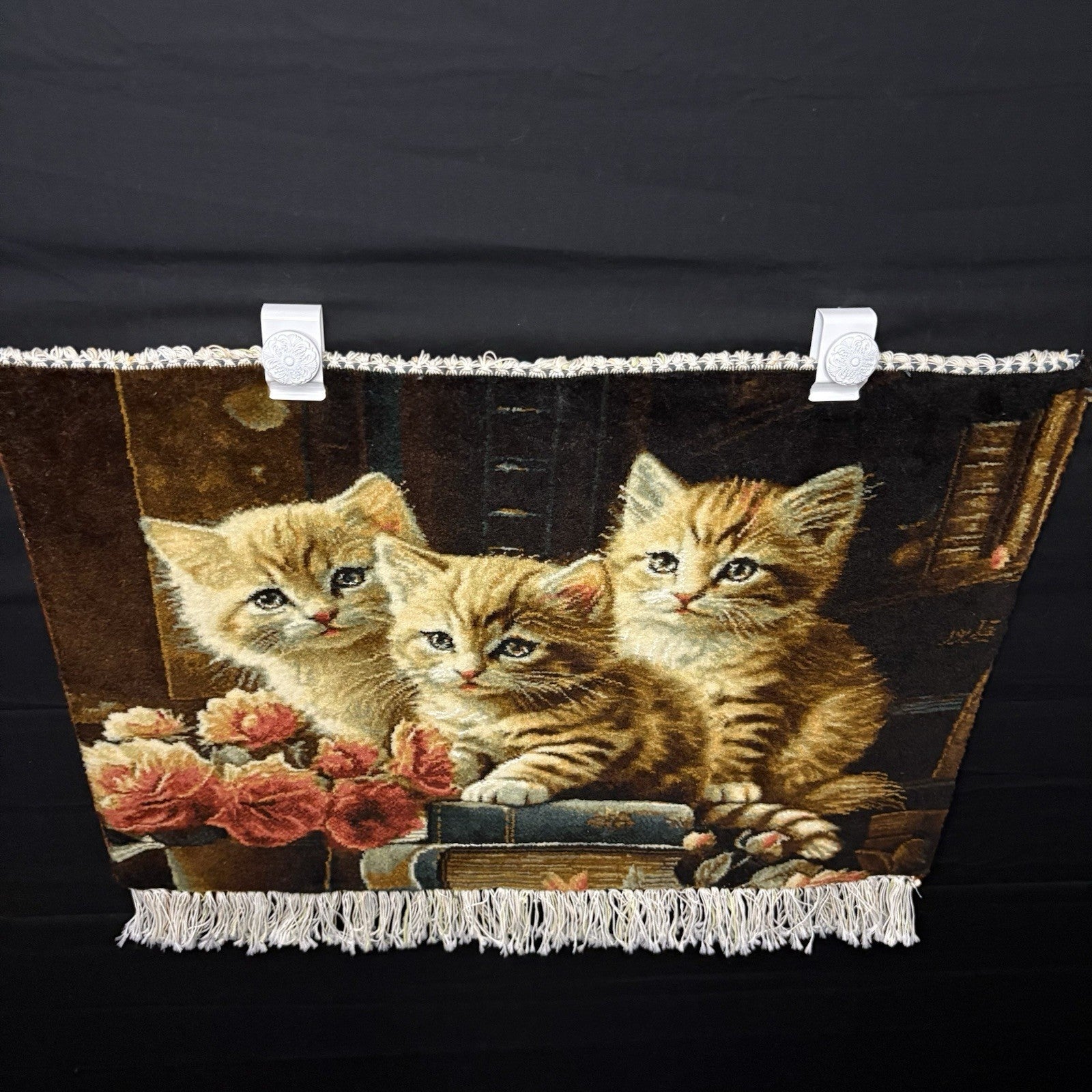 Persian Pictorial Rug Kittens Hand Knotted w/Silk Inlays 24”x16” w/Rug Hangers5
