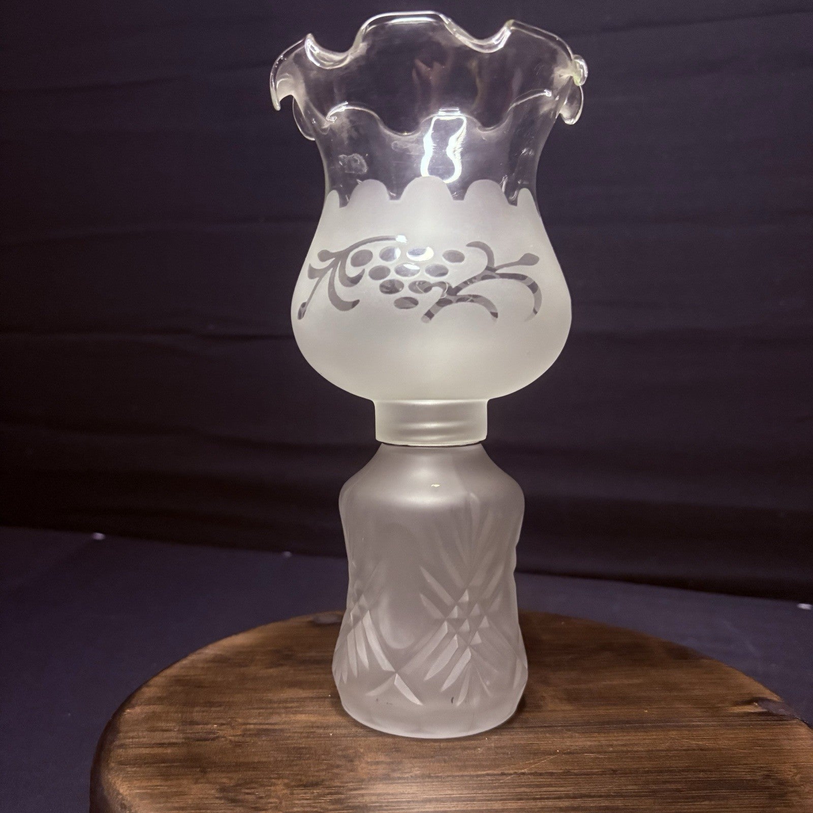 Vintage Miniature Hurricane Lamp By LampLight Farms Frosted & Etched Glass  8.5"7