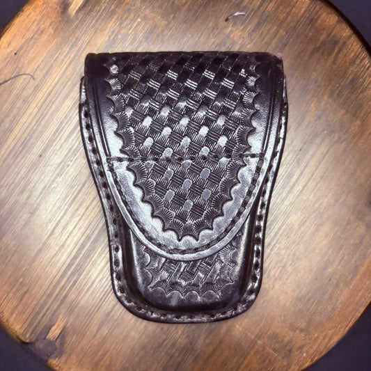 Leather Handcuff Case, Black, Basket Weave Leather, Hidden Snap0