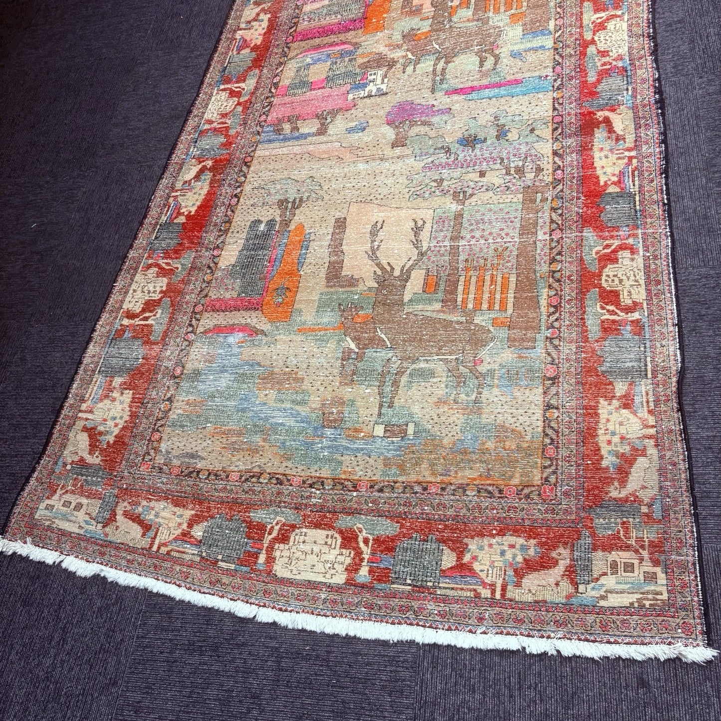Antique Hand Knotted Pictorial Rug 9'x5' 1940s Kashann Rug18