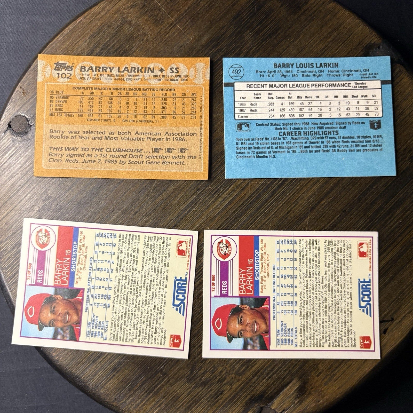 1988 Barry Larkin (4) Card Lot Score (#72) Donruss (#492) Topps(#102) High Grade2