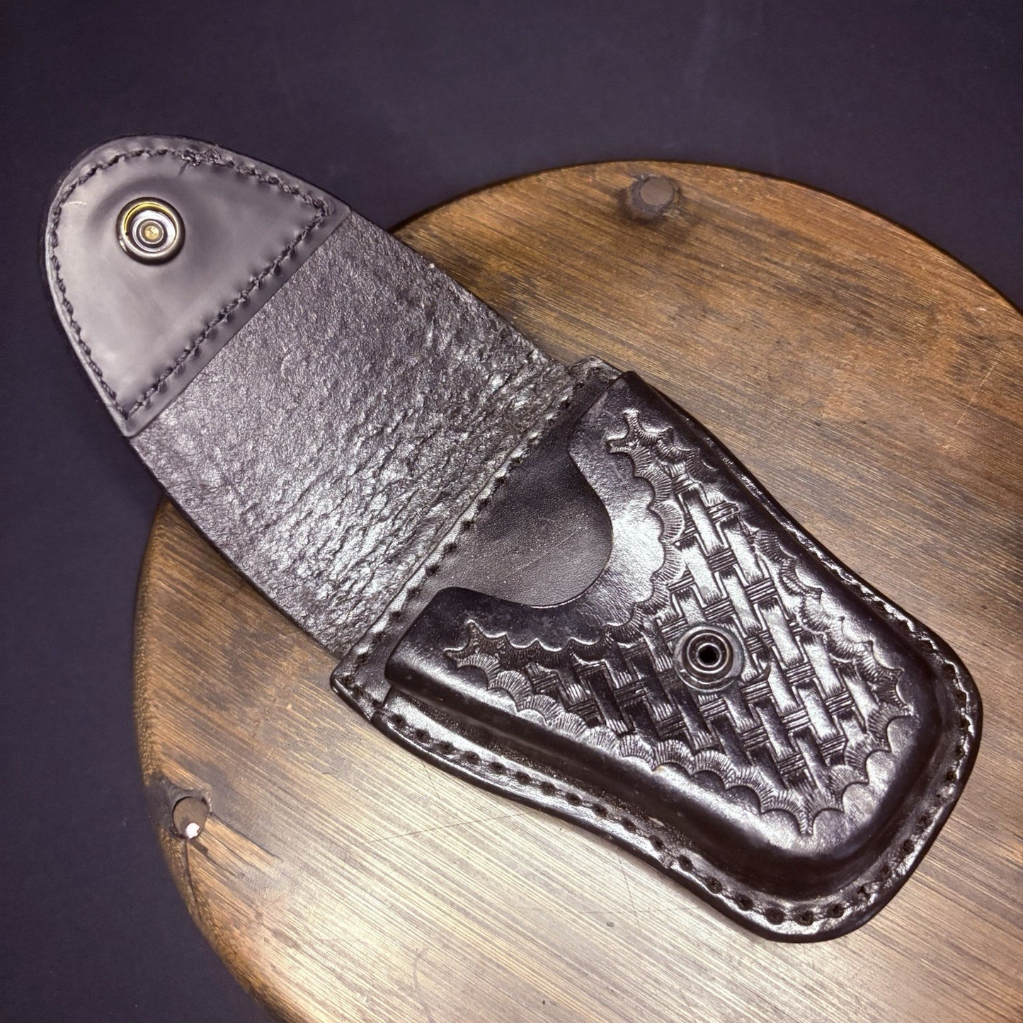 Leather Handcuff Case, Black, Basket Weave Leather, Hidden Snap2