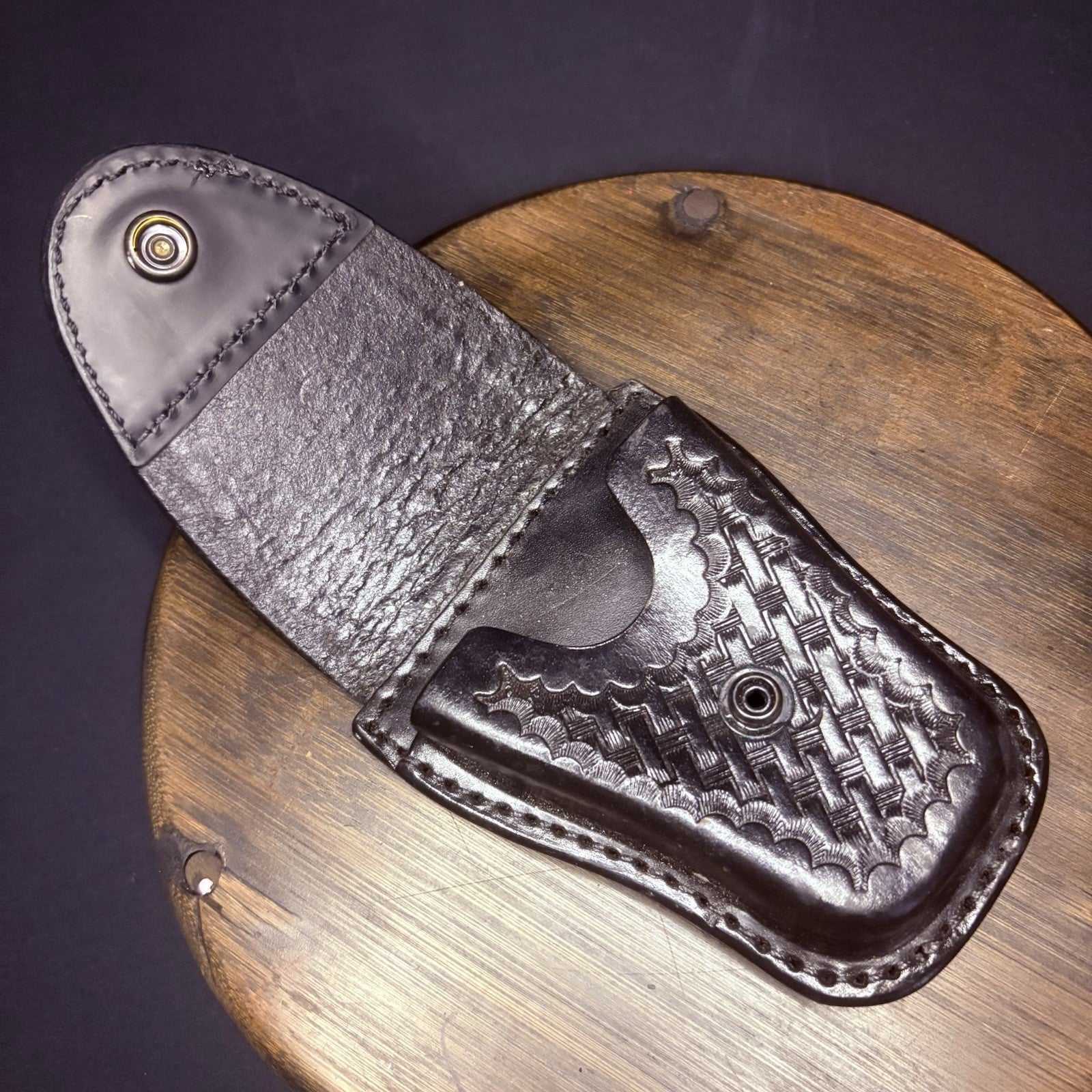 Leather Handcuff Case, Black, Basket Weave Leather, Hidden Snap2