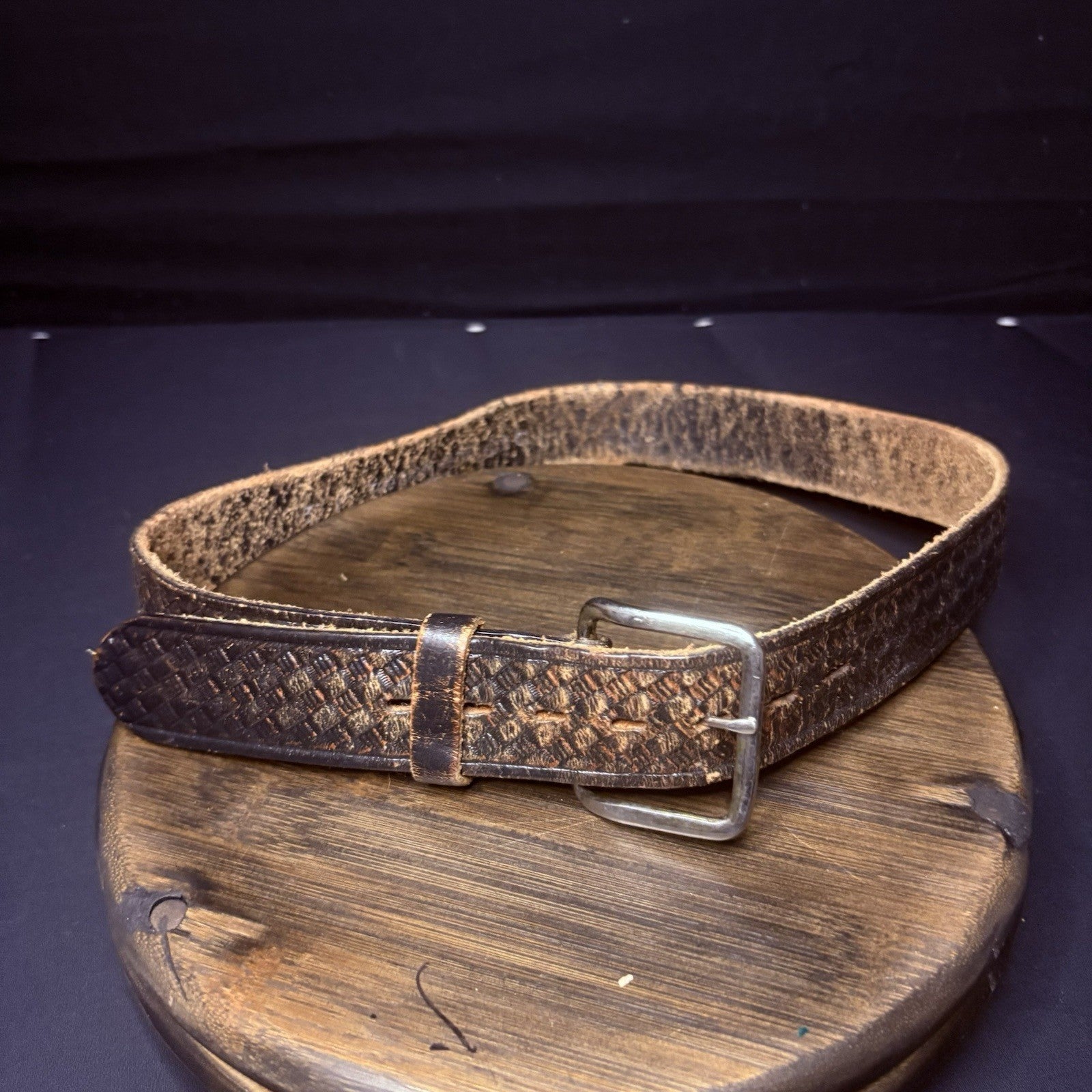Worn Leather Belt 30" Basket Weave0