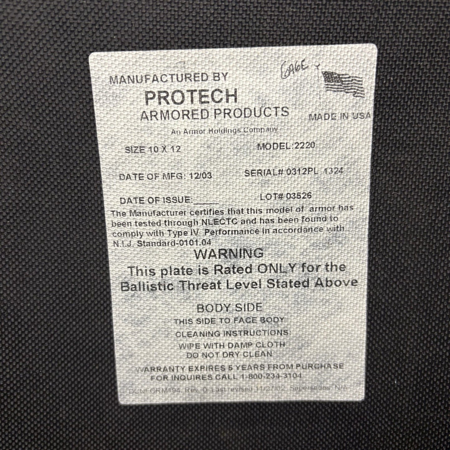 Protech Armor Piercing Plate 12”x 10” 22202