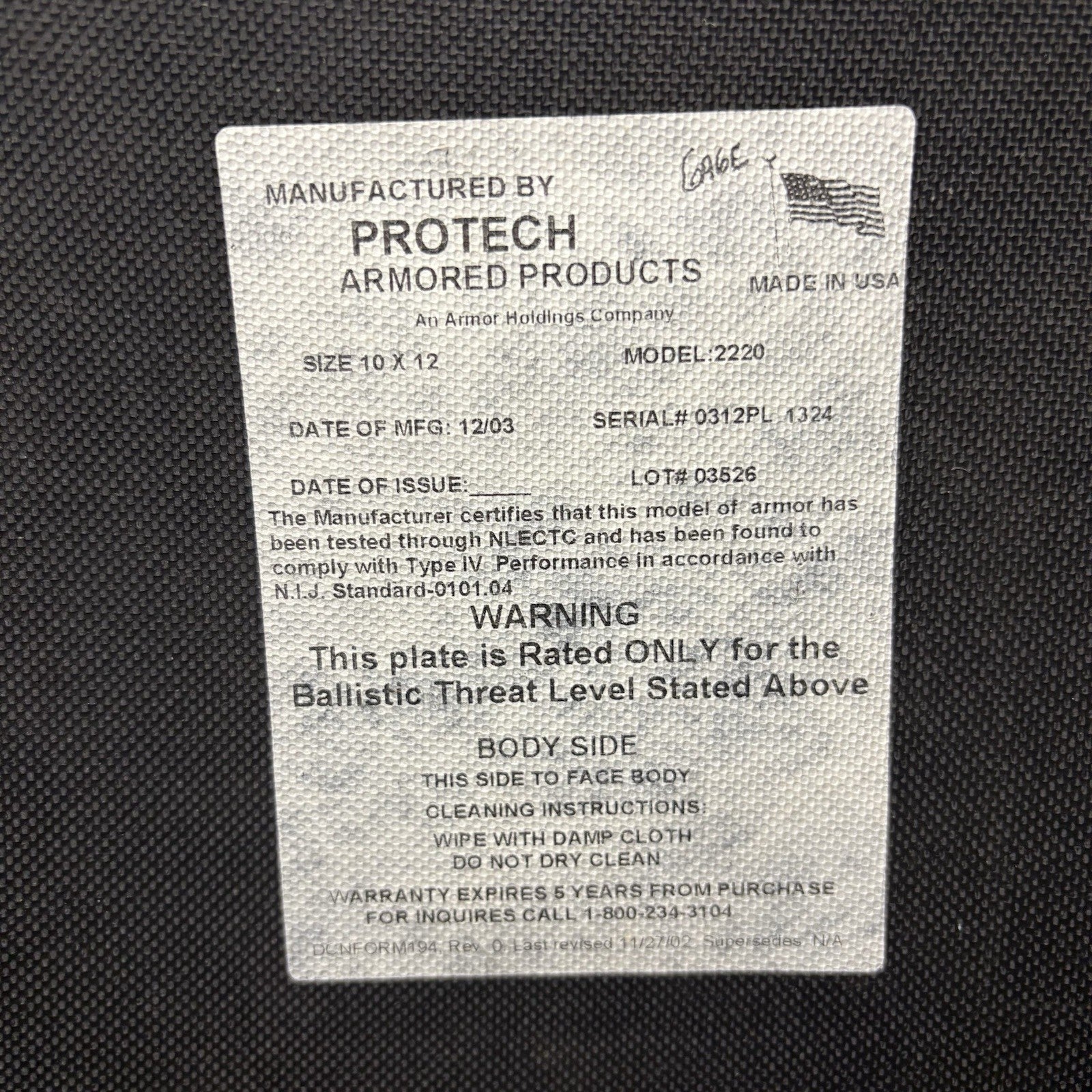 Protech Armor Piercing Plate 12”x 10” 22202