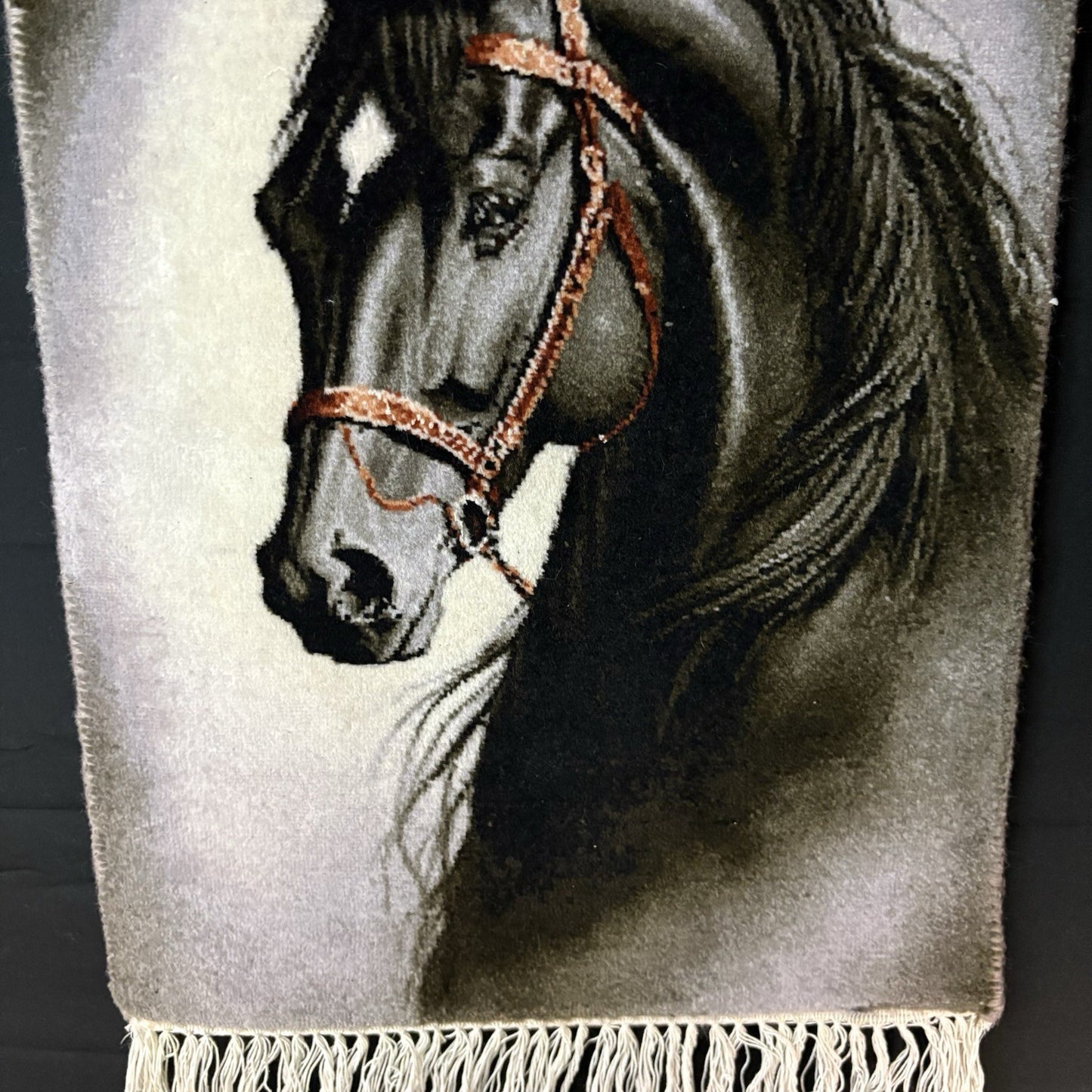 Pictorial Rug Hand Knotted Horse 22”x16” 55X40cm w/Rug Hangers7